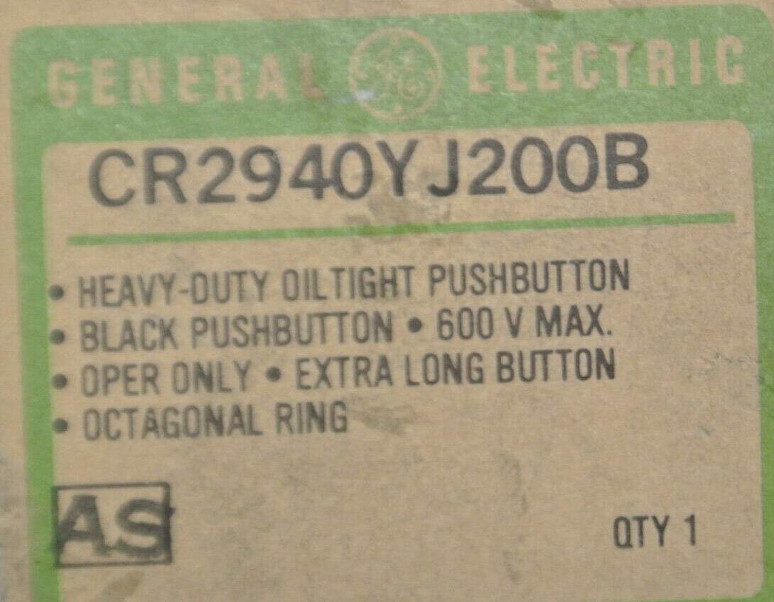 G.E. CR2940YJ200B H.D. OILTIGHT PUSHBUTTON OPERATOR / BLACK / 600V / NEW SURPLUS