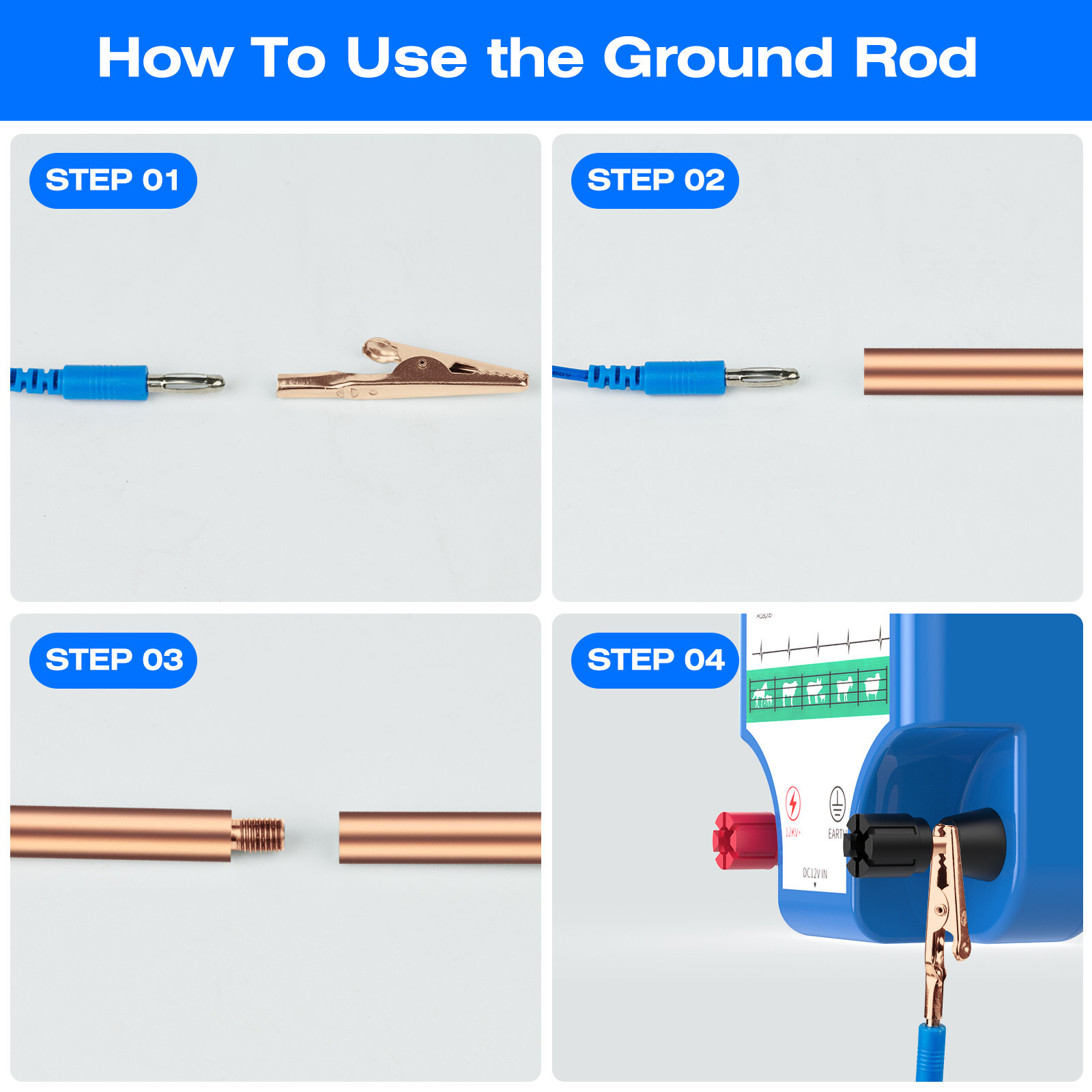 Pure Copper Ground Rod,Grounding Rod Kit With 50ft Copper Wire & Alligator Clip