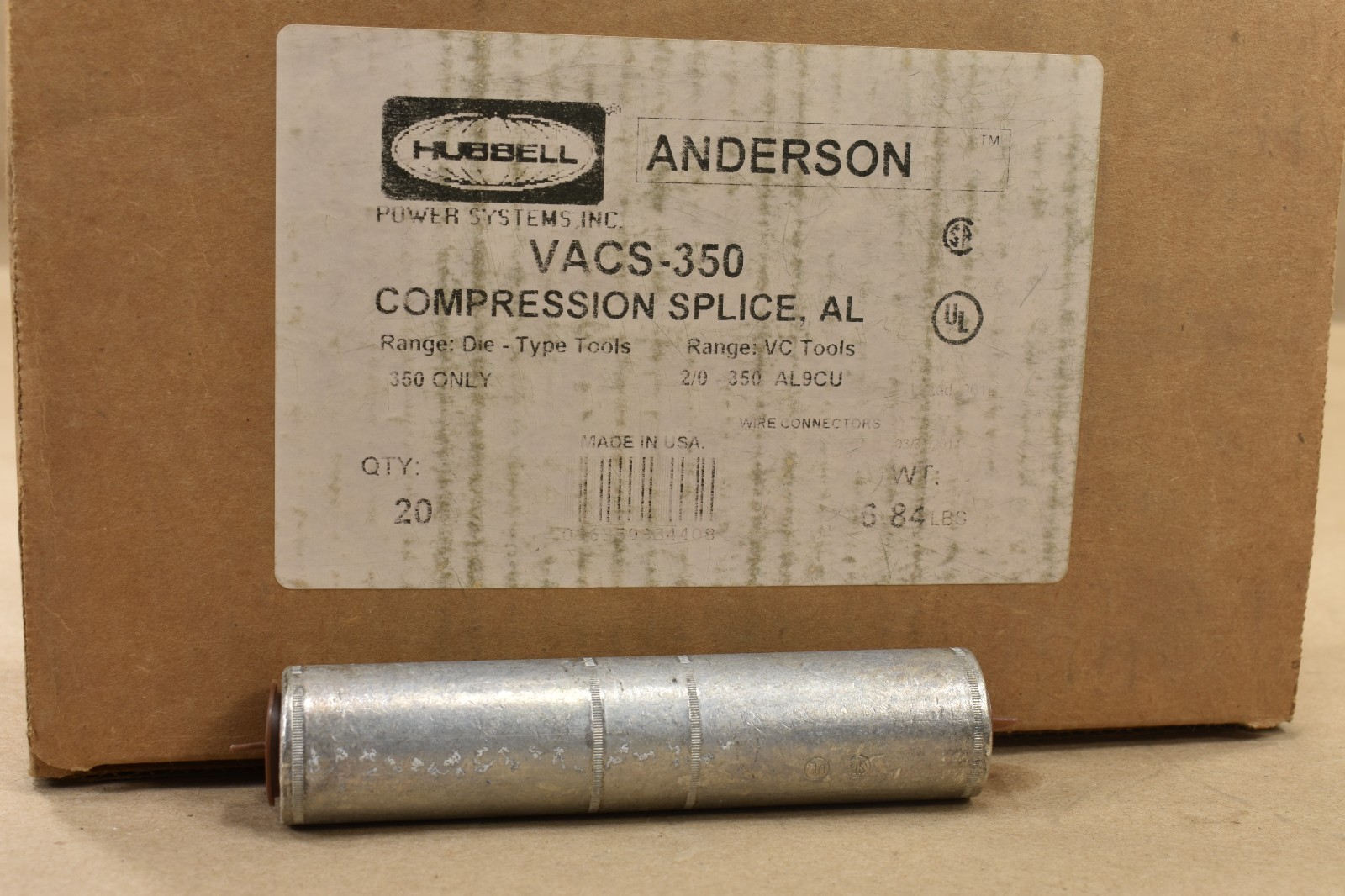 Lot Of 20 HUBBELL Anderson VACS-350 AL9CU Compression Splice AL, 0.711 in