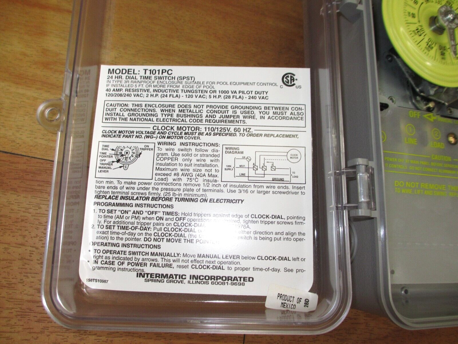 Intermatic T101PC *NEW* Mechanical Time Switch Timer Clear Cover 120V