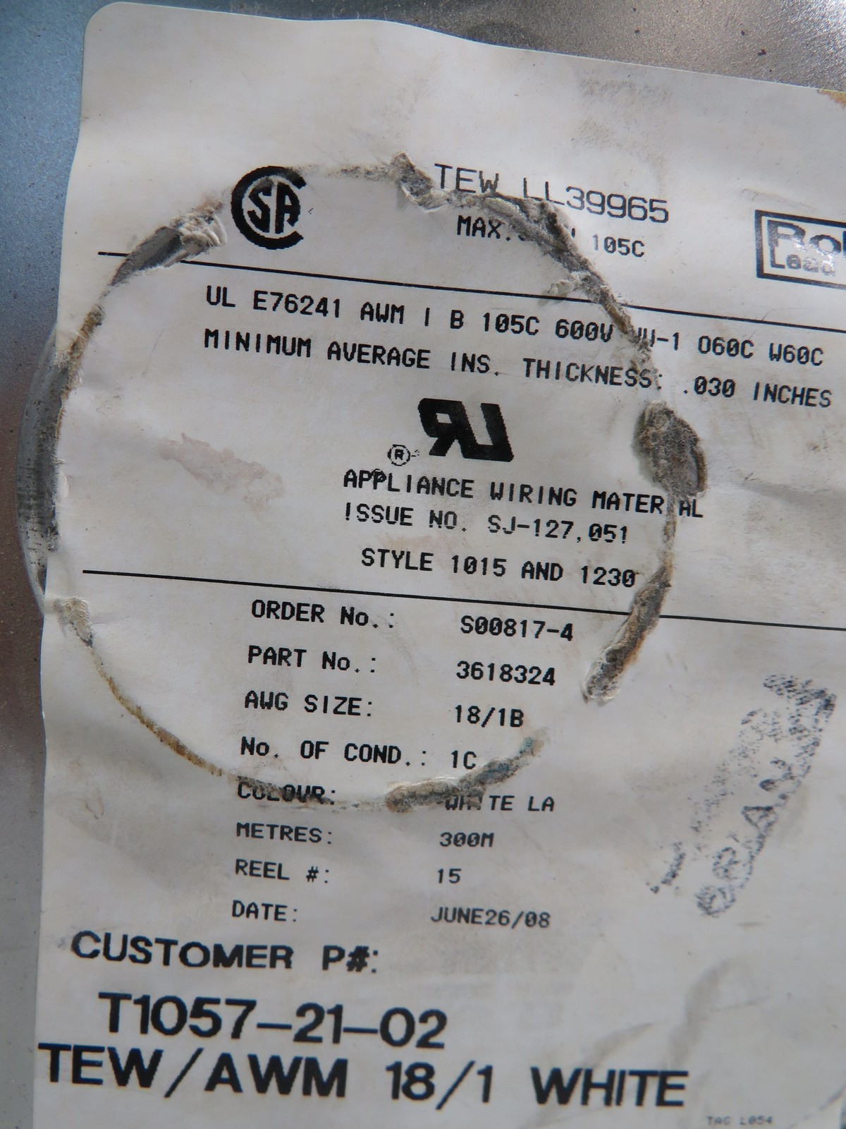 Generic 3618324 Wire Spool 600V .030″ Thick WHITE NEW