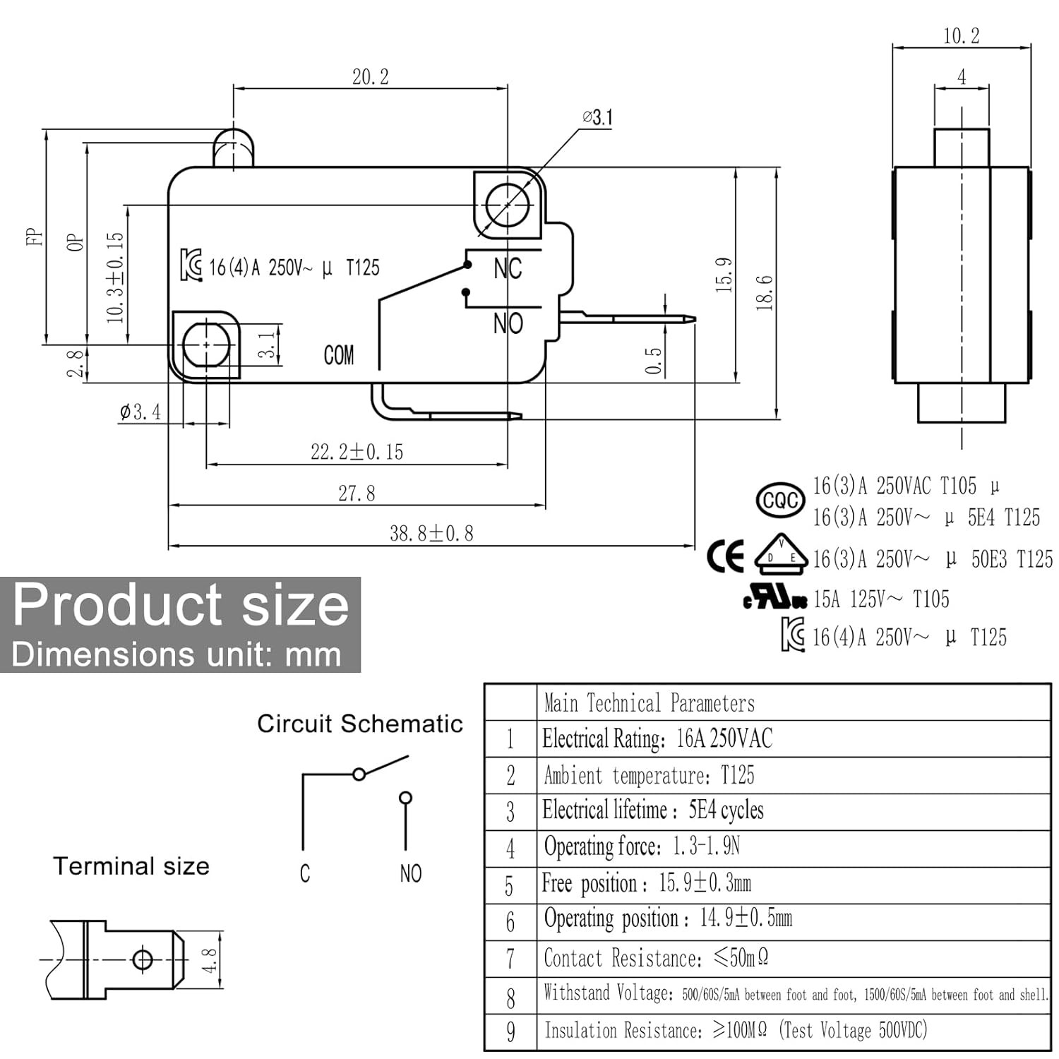 HK-14 Normally Open (NO) Micro Switch (3-Pack), 16A 125/250VAC 2-Pin Air Fryer D
