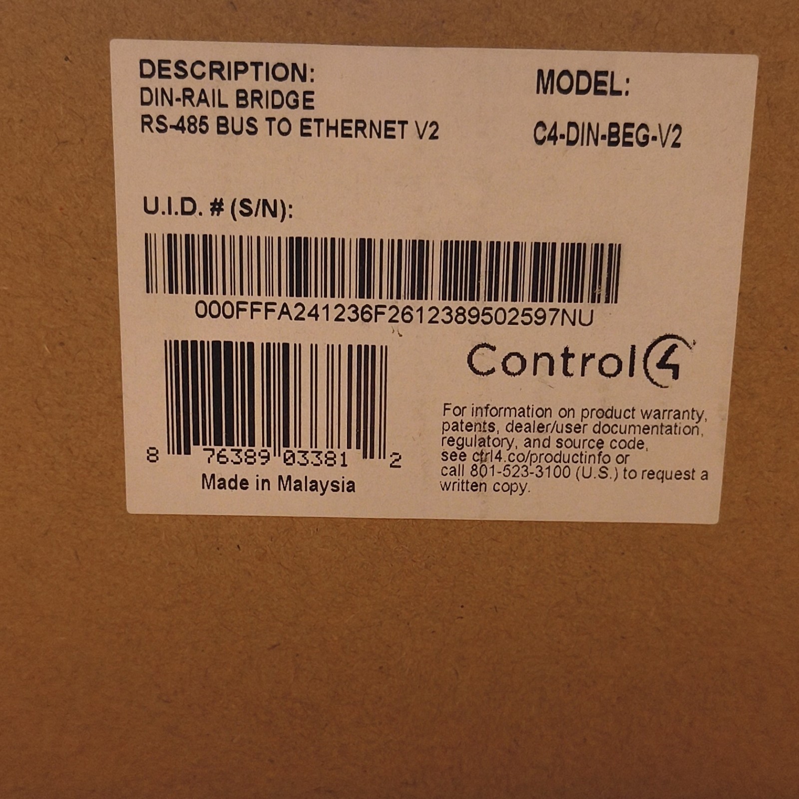 Control4 C4-DIN-BEG-V2 DIN-Rail Bridge RS-485 Bus to Ethernet V2