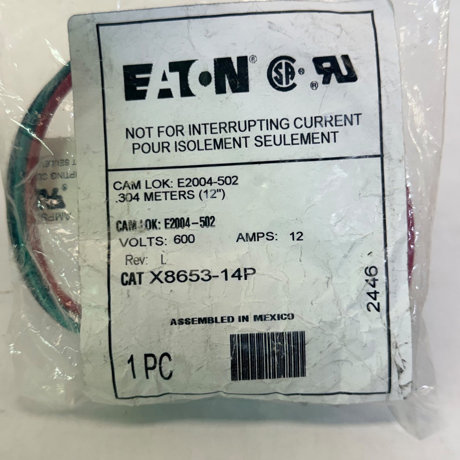 LOT OF 2 EATON X8653-14P CAM LOK 12″ MALE RECEPTACLE E2004-502 CROUSE HINDS
