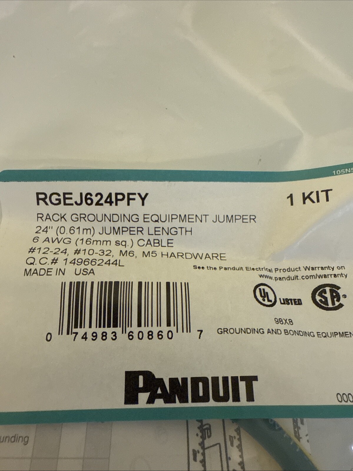 Panduit #6 AWG (16mm²) RGEJ624PFY Equipment Bonding Jumper Kit CDW PART: 108279