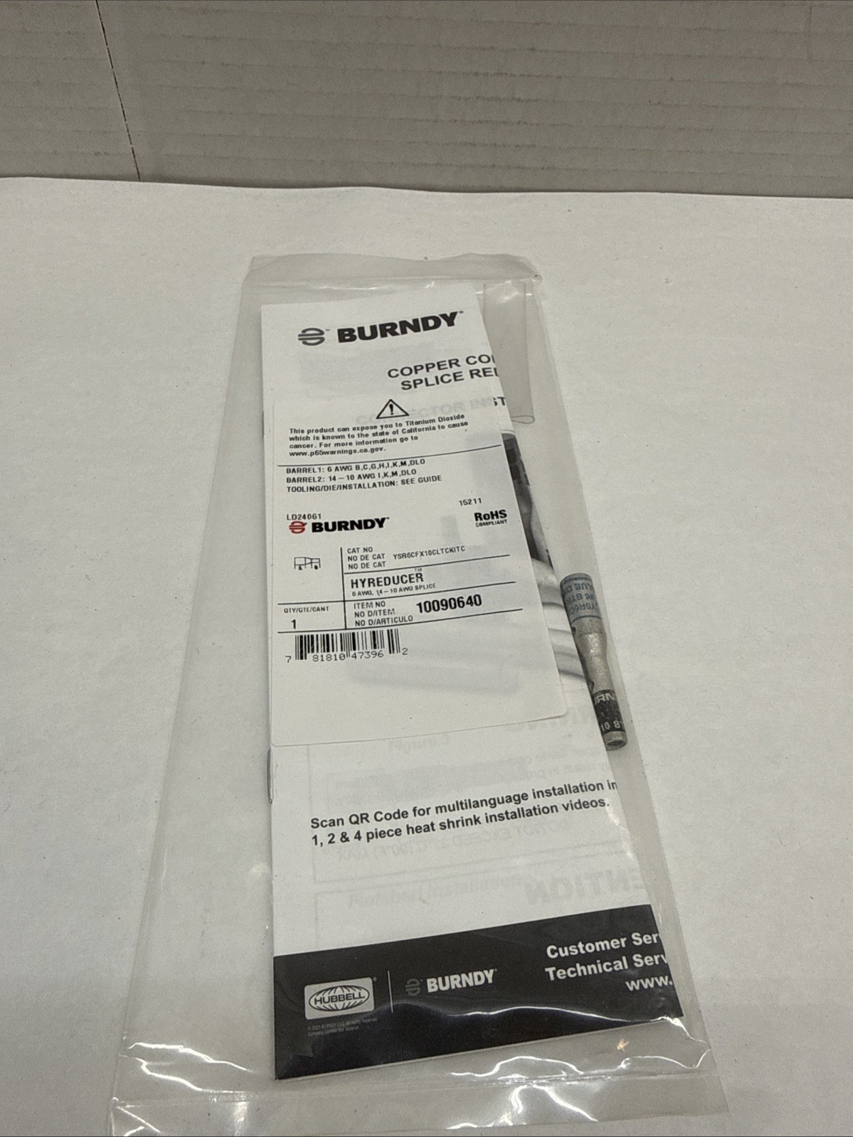 Burndy YSR6CFX10CLTCKITC, 6 to 10 AWG, Tin Plated Copper, Splice Reducer, 1pc