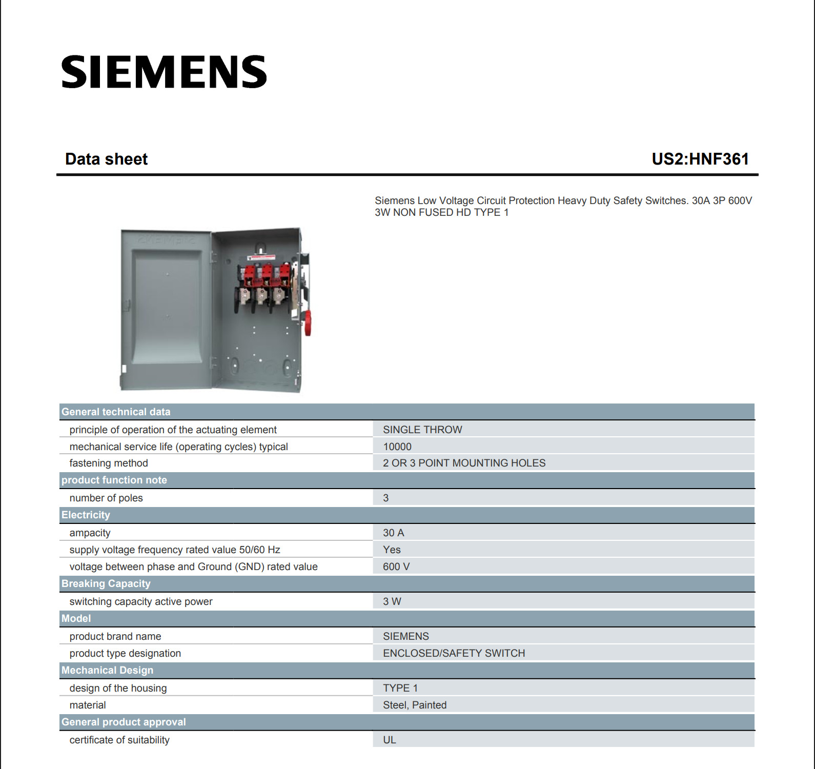 Siemens HNF361 Non Fused Heavy Duty Safety Switch 3P, 30A, 600V