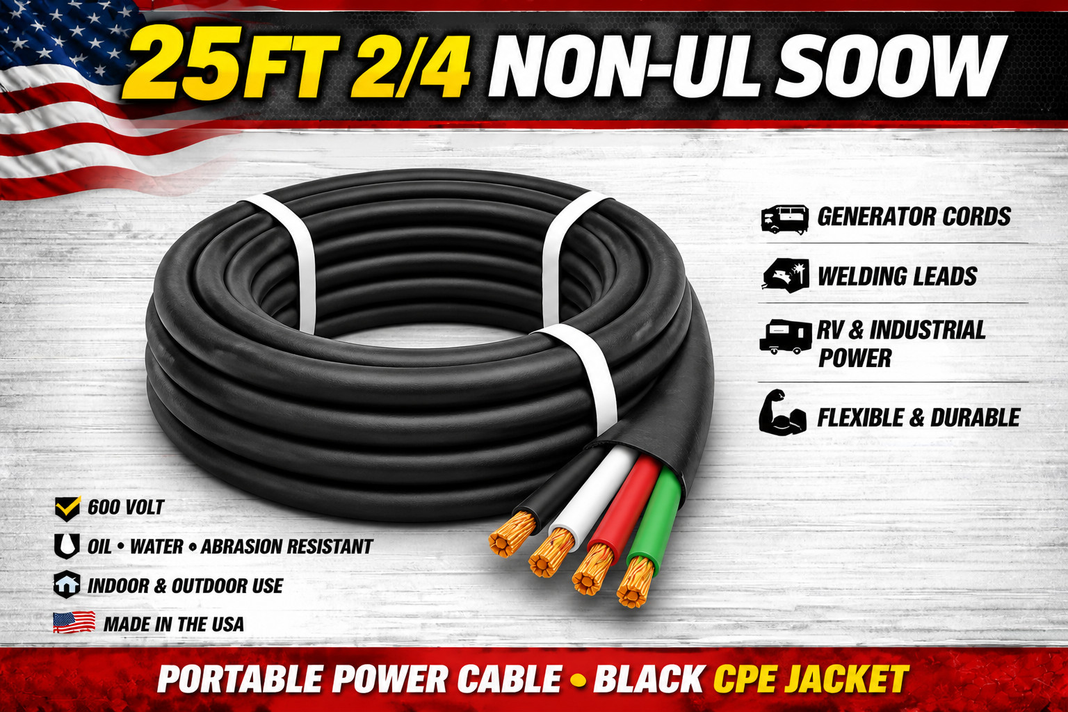 2/4 SOOW Portable Cord 25FT 600V Non UL Black Flexible Cable USA Made