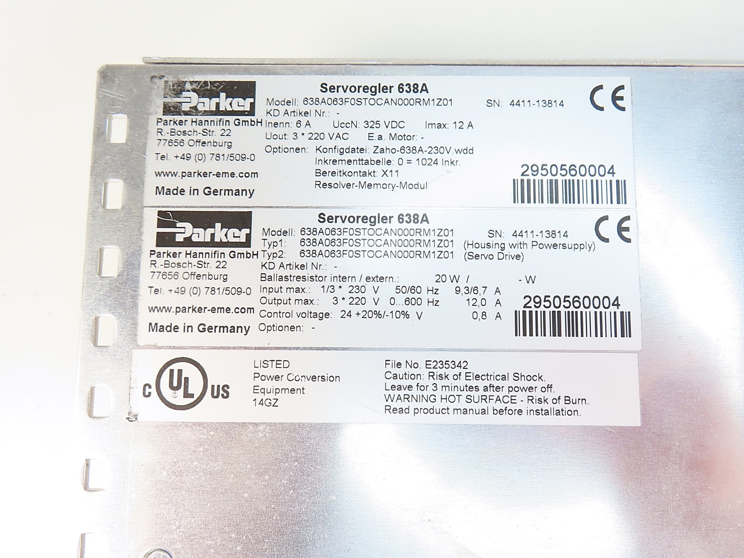 Parker 638A 638A063F0STOCAN000RM1Z01 6 Amp Digital Servo Drive with CA G2U