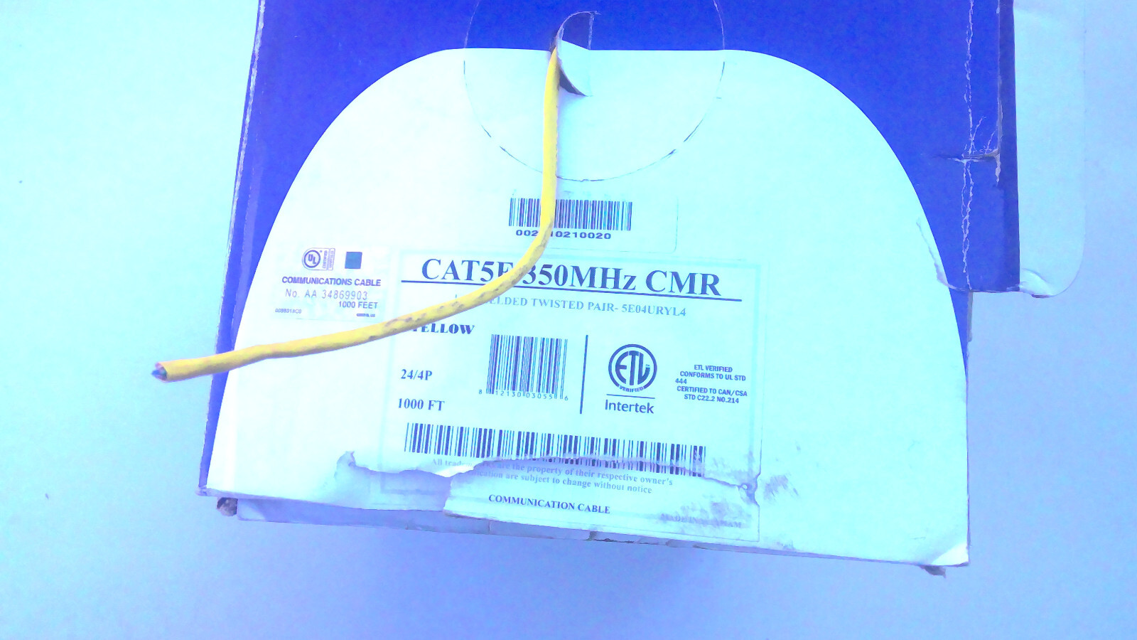 CAT5E 350MHz CMR unshielded twisted pair yellow 1000 ft (DAMAGE BOX)