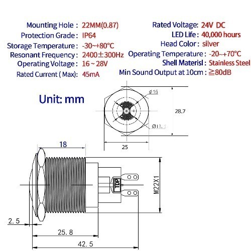 UL Listed 22mm Red LED Buzzer Alarm Sounder 24V DC Indicator Li Size: 22MM 24V