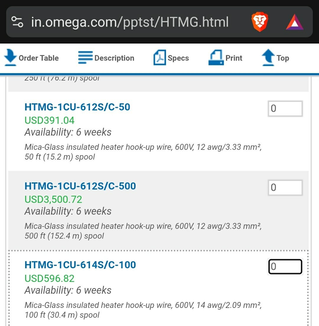 OMEGA ENGINEERING HTMG-1CU-614S/C 100′ Roll Tinned High Temp Heater Hookup 450°C