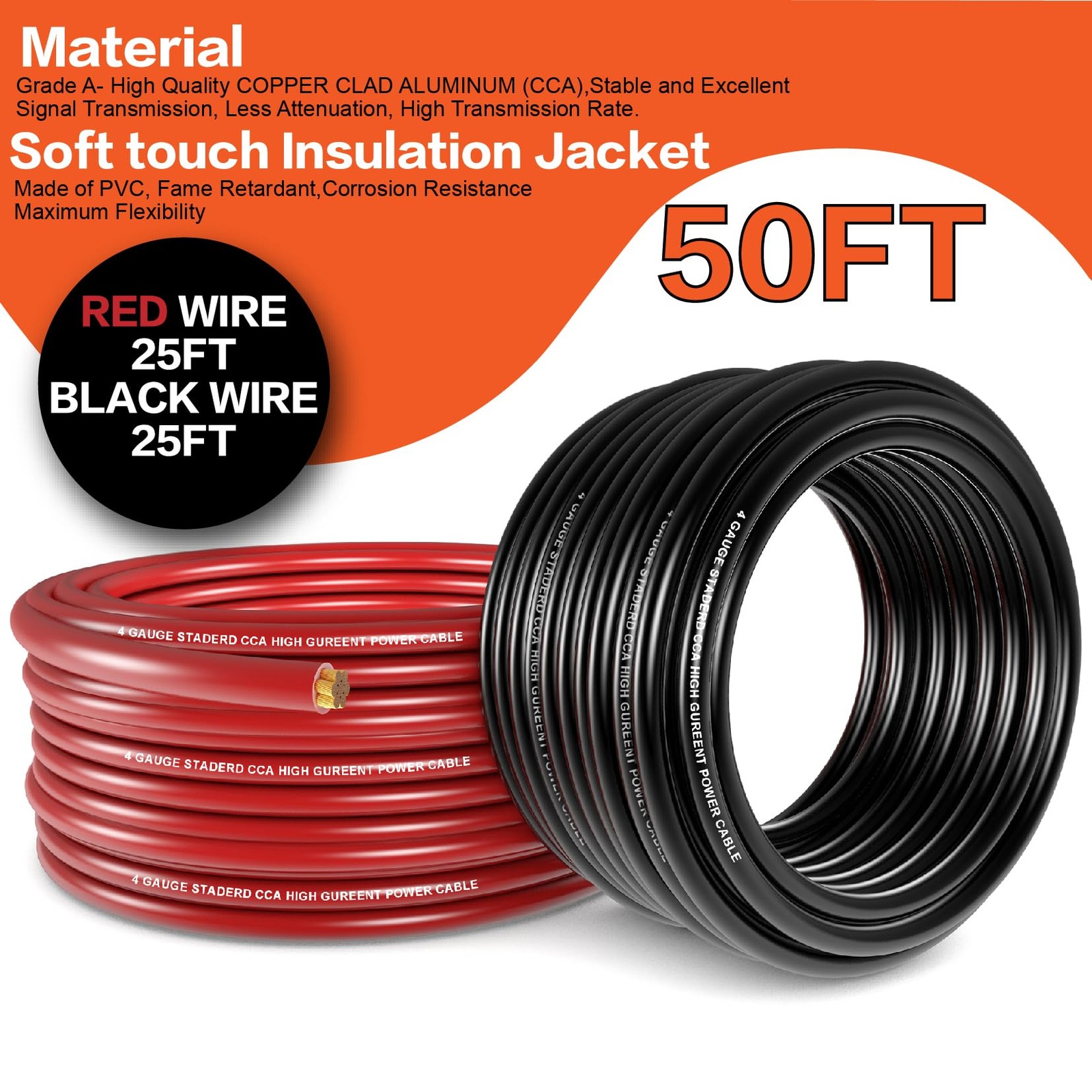 4 Gauge Wire (25ft Each – Red/Black) Copper Clad Aluminum CCA – 4 Gauge, 50FT