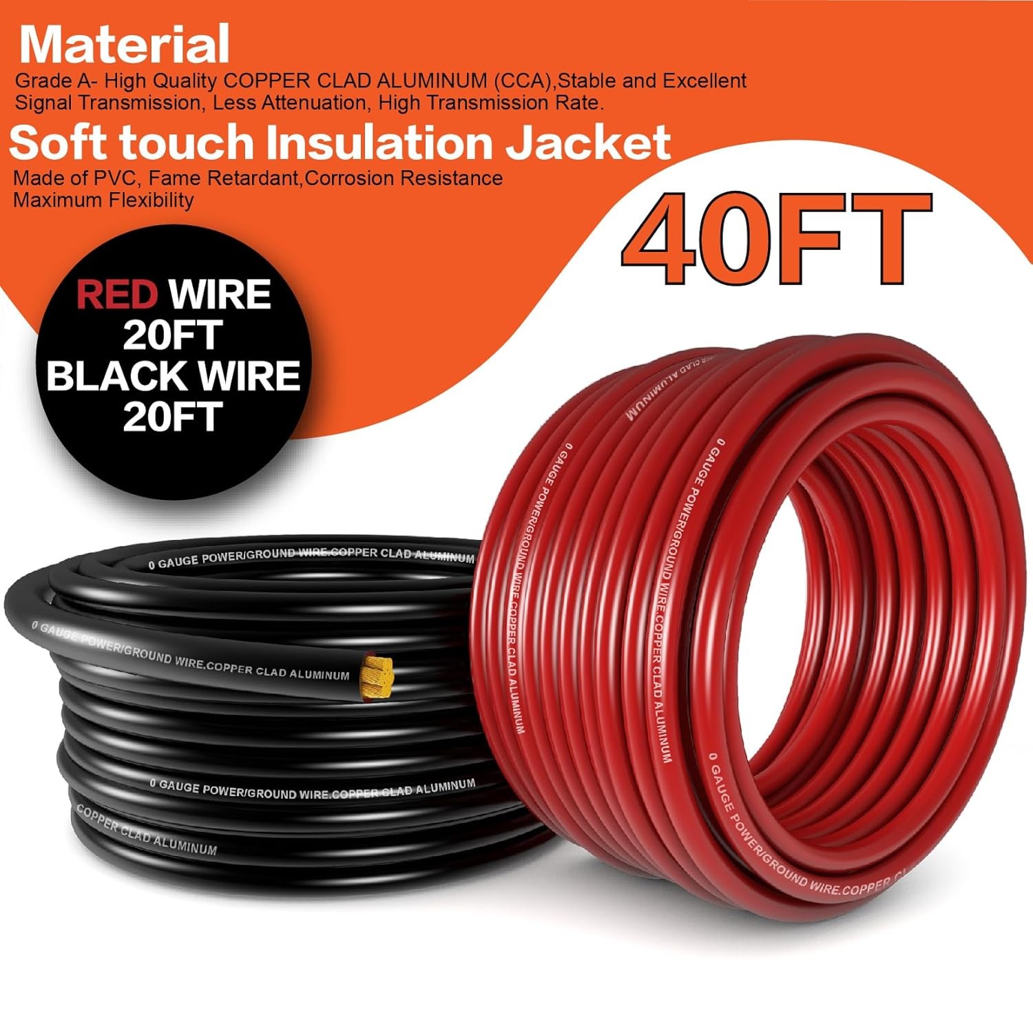 1/0 Gauge Wire 20FT Red/Black CCA Copper Clad Aluminum Battery & Car Audio Cable