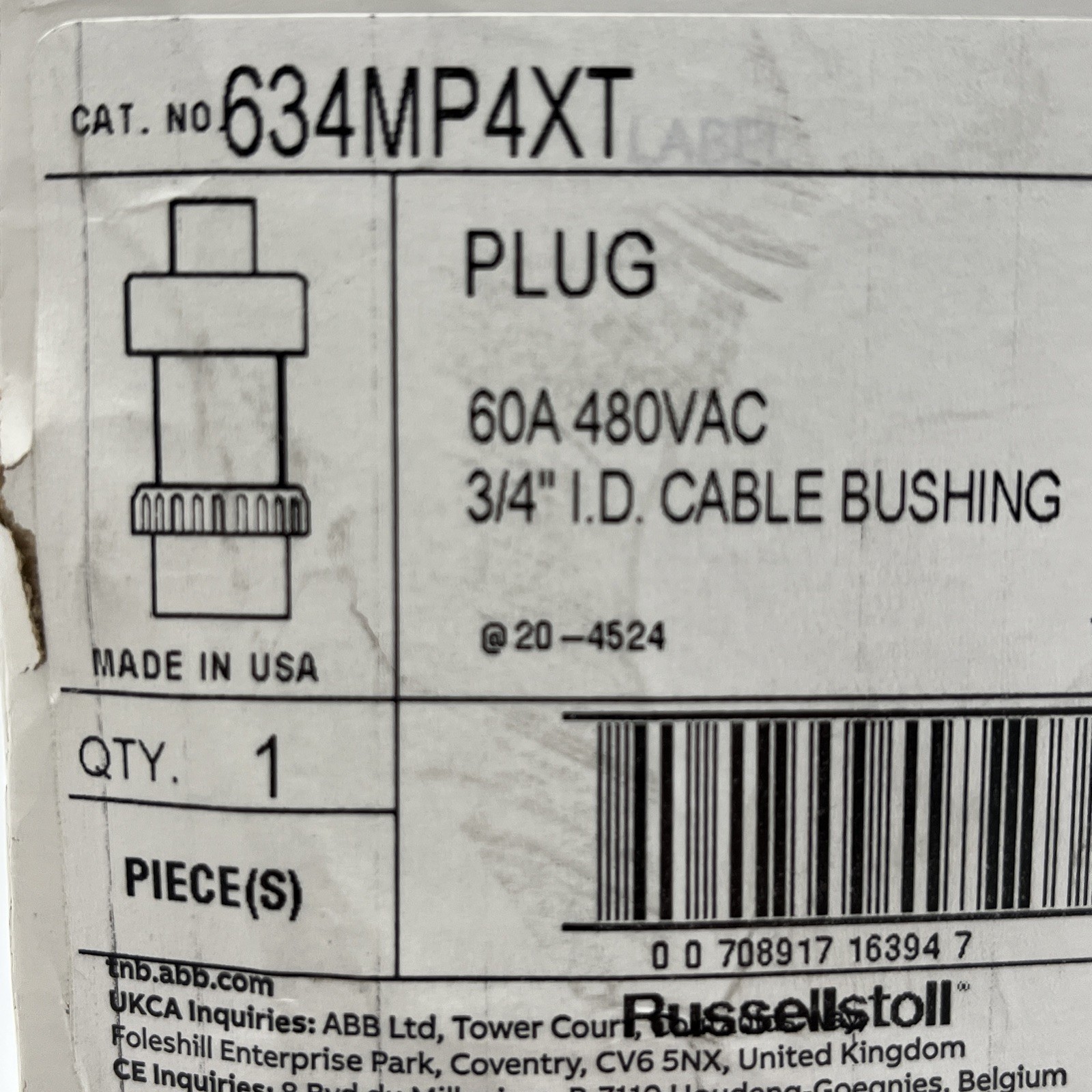 ABB THOMAS & BETTS 634MP4XT Reefer Plug 60A 480VAC 3/4 I.D. Cable Bushing