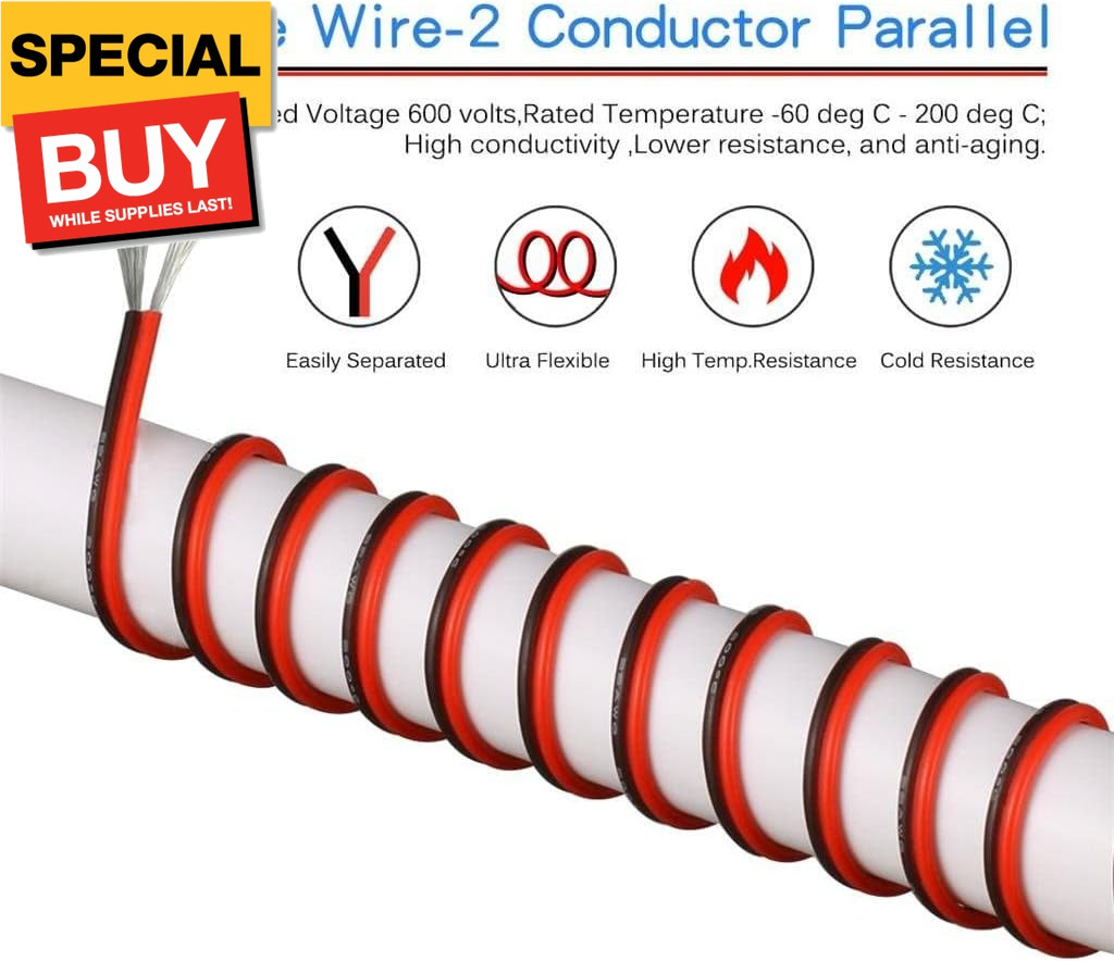 22 Gauge Flexible 2 Conductor Parallel Silicone Wire Spool Red Black High Resist