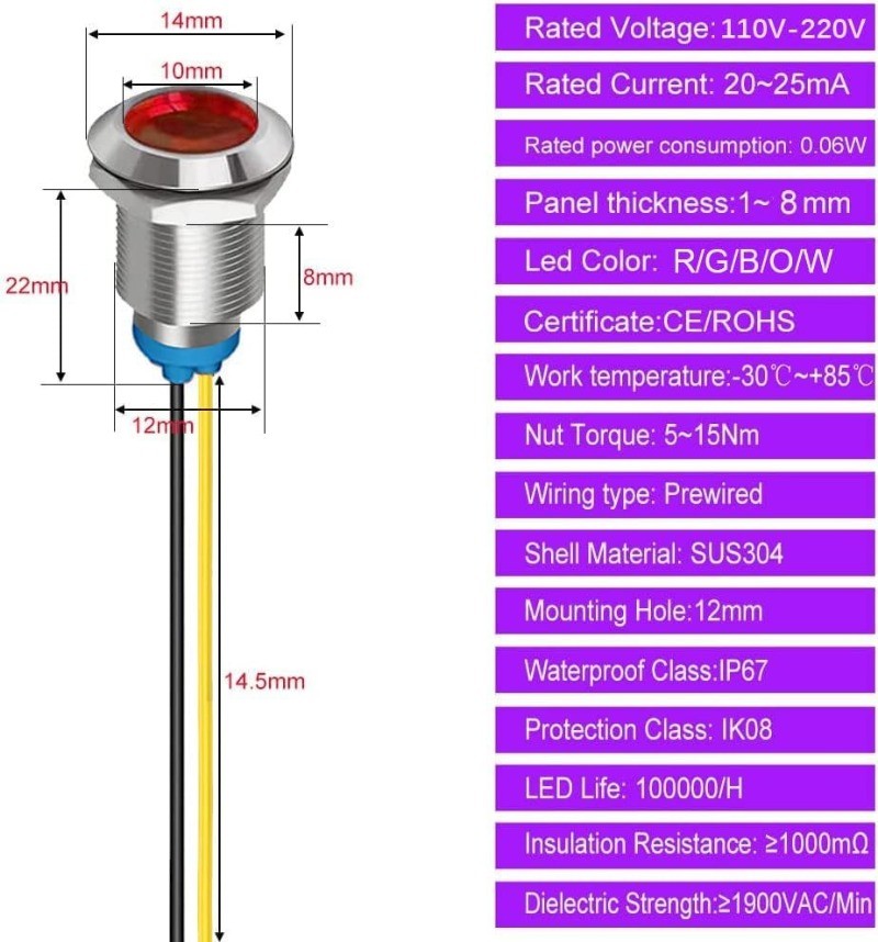 5Pcs 12mm LED Metal Indicator Light AC 110V-220V Waterproof In Color: Red 110V