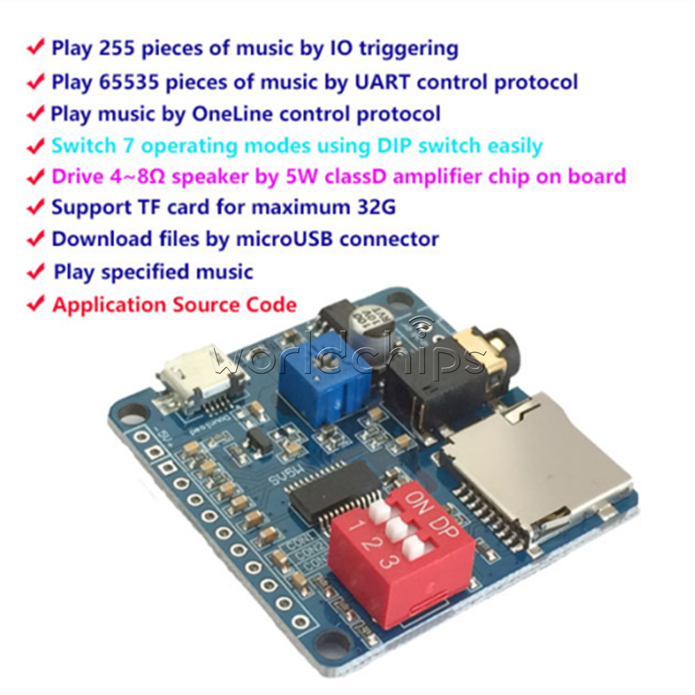 5W Voice Playback Module MP3 Player I/O Trigger UART Control SD/TF Card