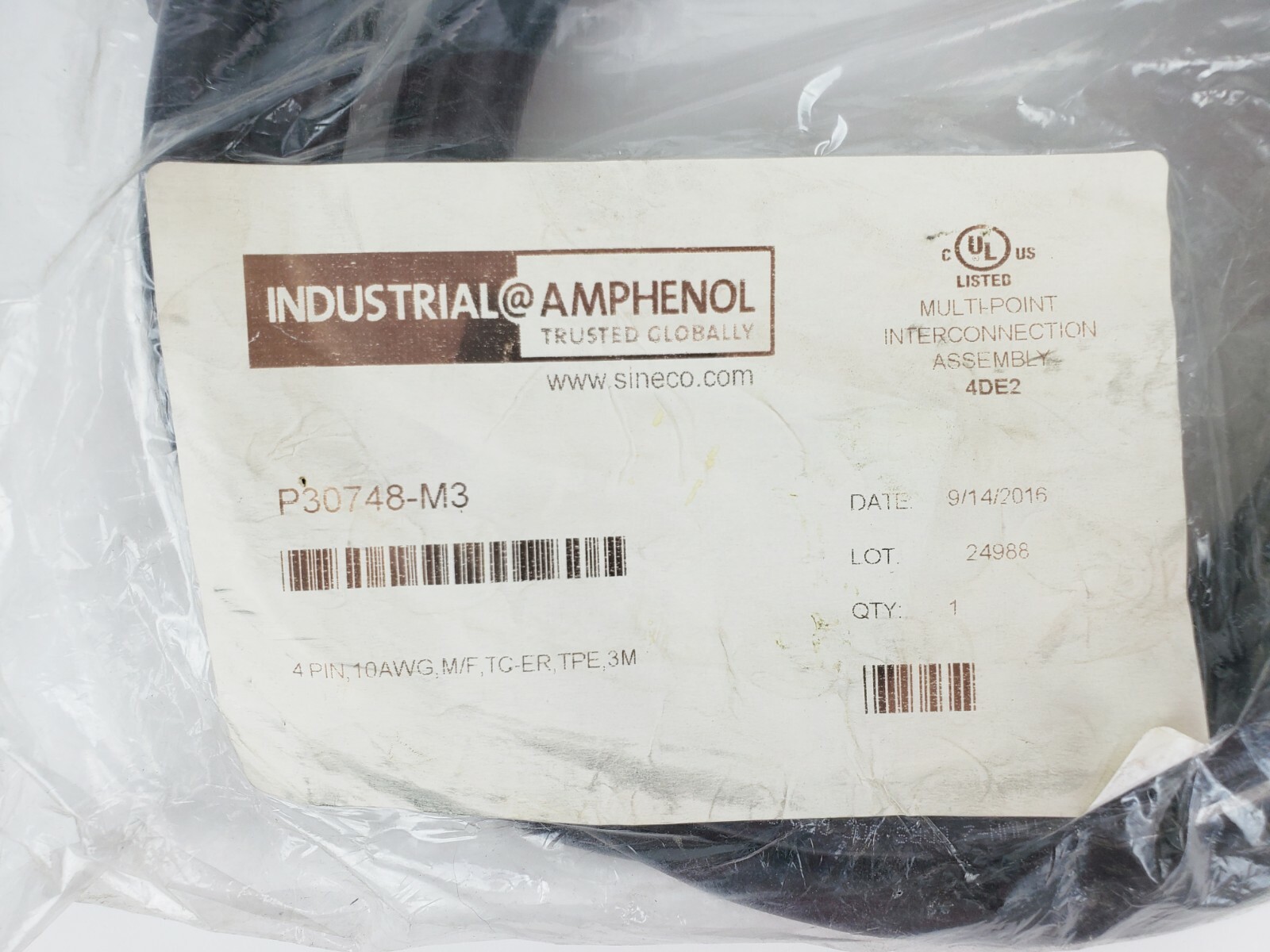 AMPHENOL P30748-M3 4 PIN, 10AWG, M/F, TC-ER, TPE 3M CABLE / CONNECTOR, NEW!