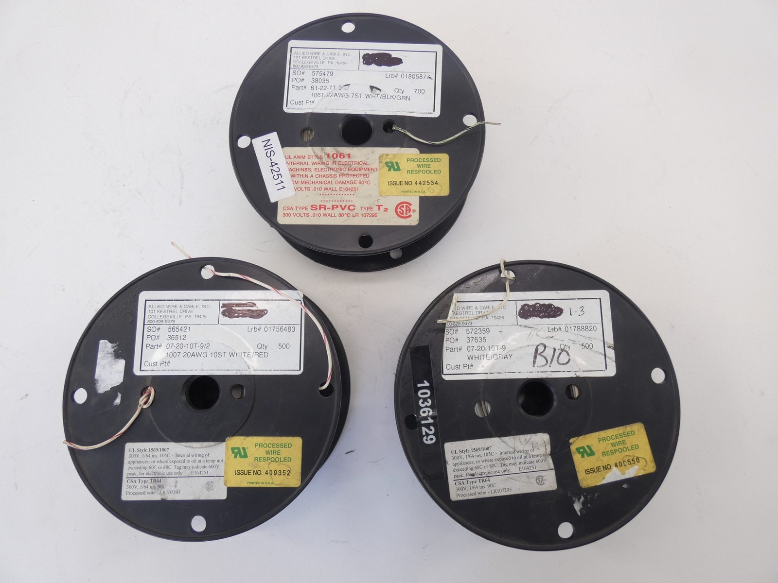 *Lot of 3* Allied Wire & Cable Wire Spool Reels 61-22-7T-9, 07-20-10T-9/2, 07…