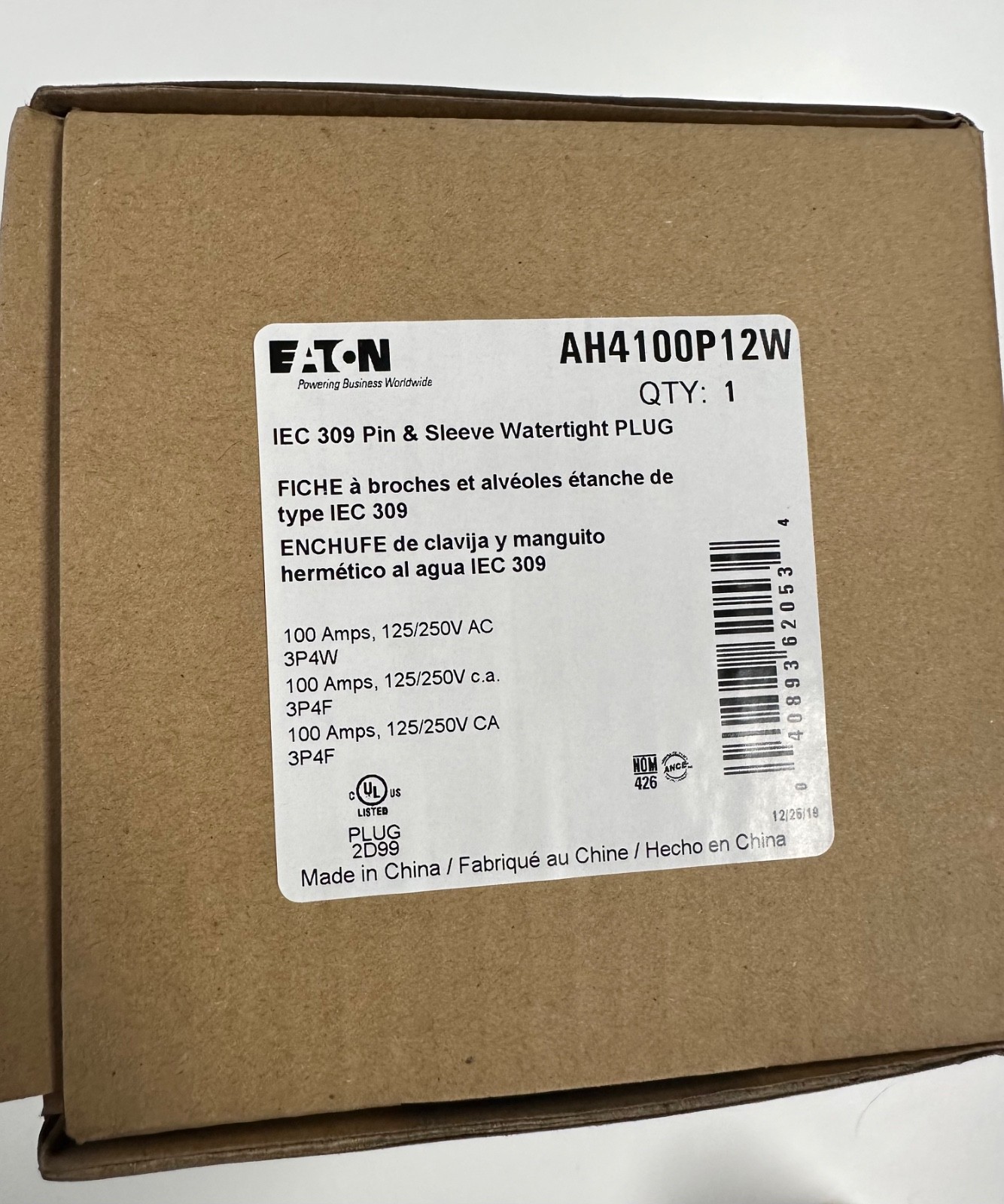 Eaton AH4100P12W – Pin & Sleeve Watertight Connector 100A 125-250V 3P4W