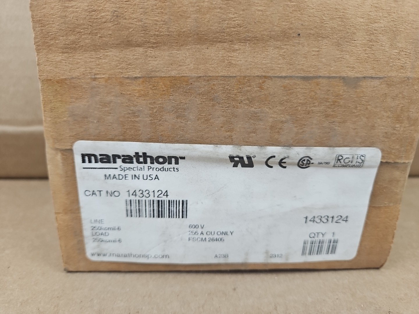 Marathon 1433124 Power Splicer Block CU 3Pole 600V AC/DC 255A 250kcmil #6 Copper
