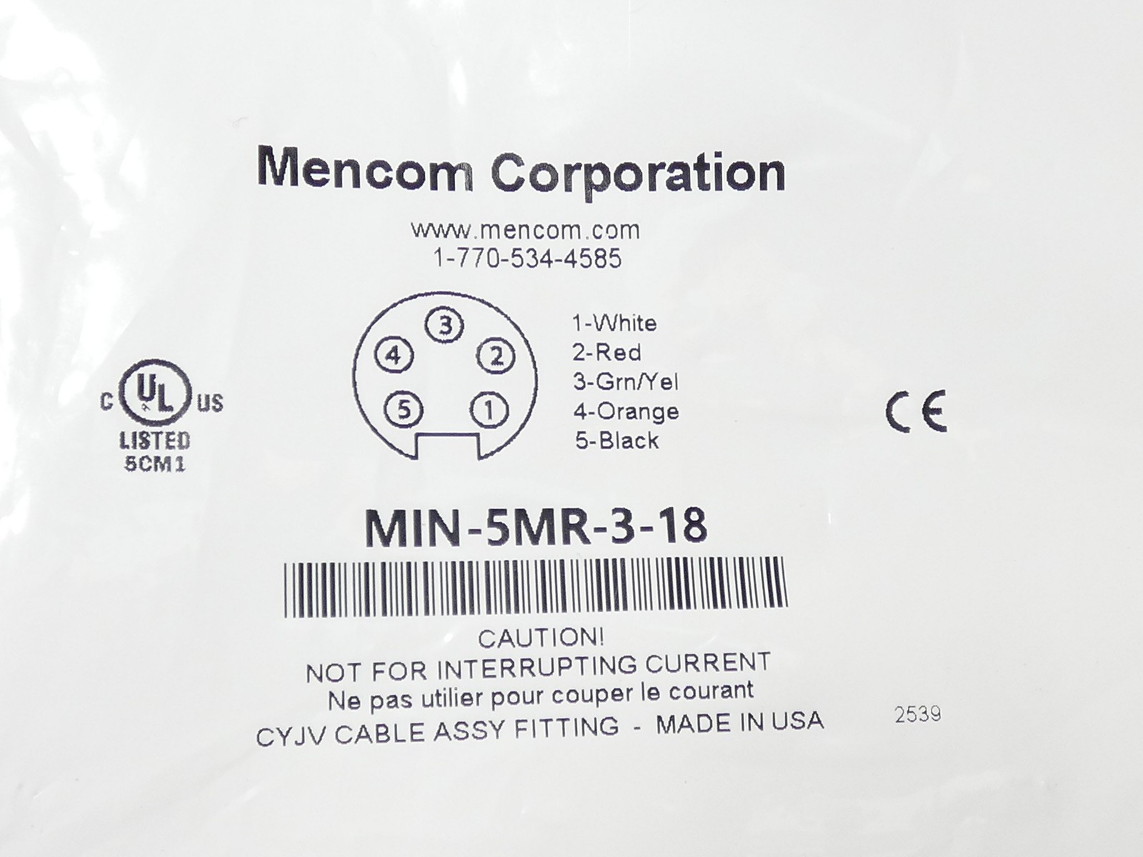Mencom MIN-5MR-3-18 Receptacle Cordset 5-Pin 18AWG – NEW Surplus!