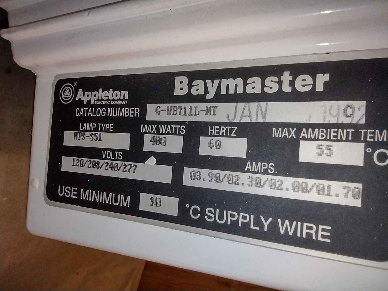 NOS Appleton Baymaster G-HB711L-MT, 120-277VAC, 400W Max