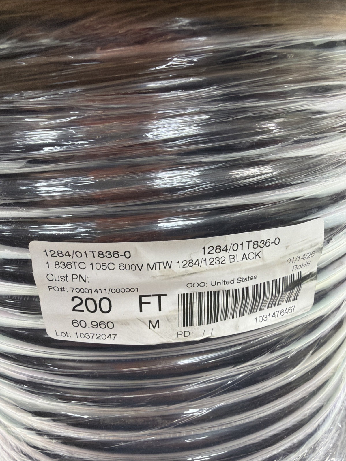 NEW 1284/01 T836-0, 600v, 105C, MTW, 1284/1232 Black, 200ft