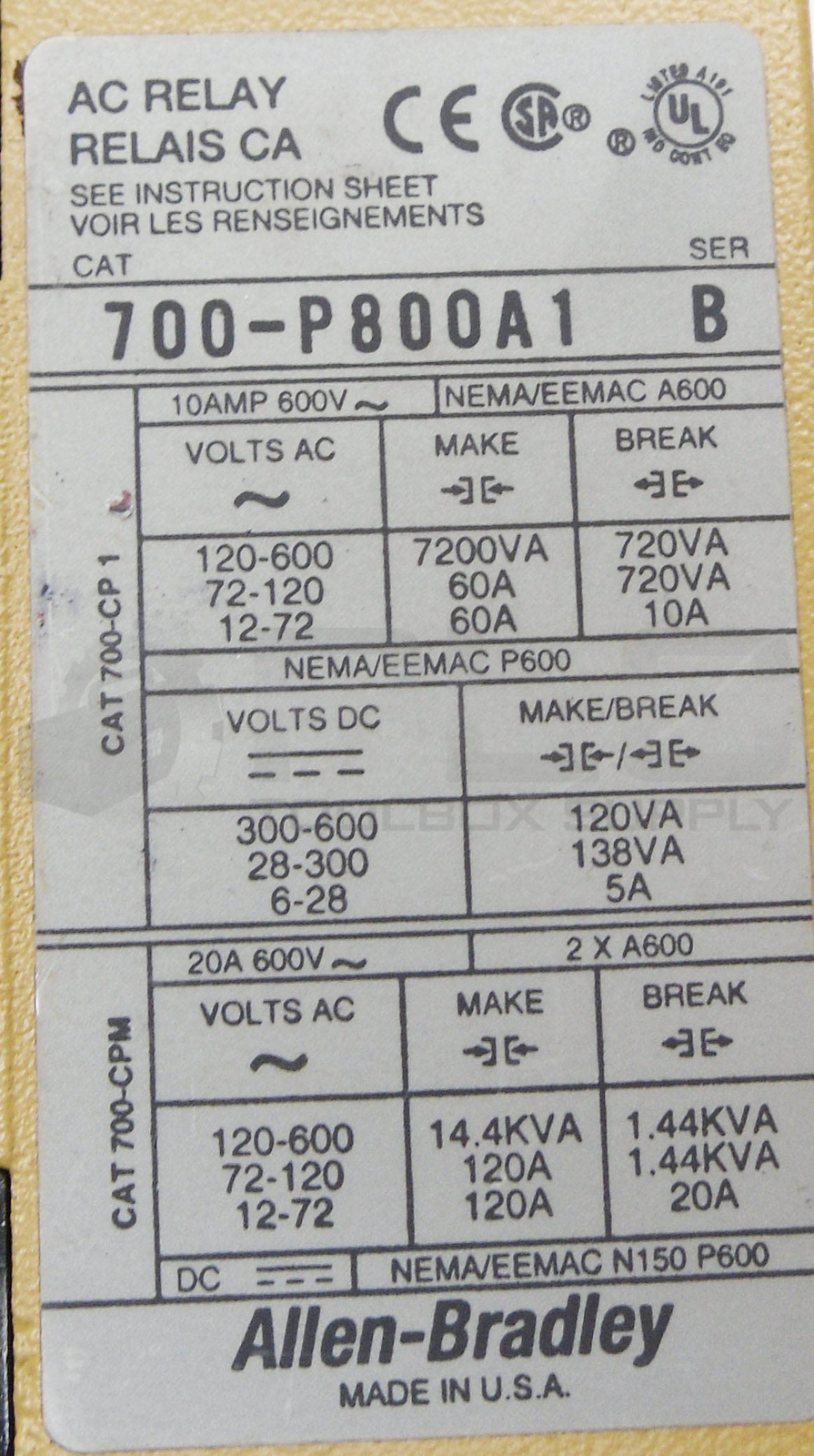 ALLEN BRADLEY 700-P800A1 /B AC RELAY W/ 199-FSMA10 /B SURGE SUPPRESSOR W/ PA236