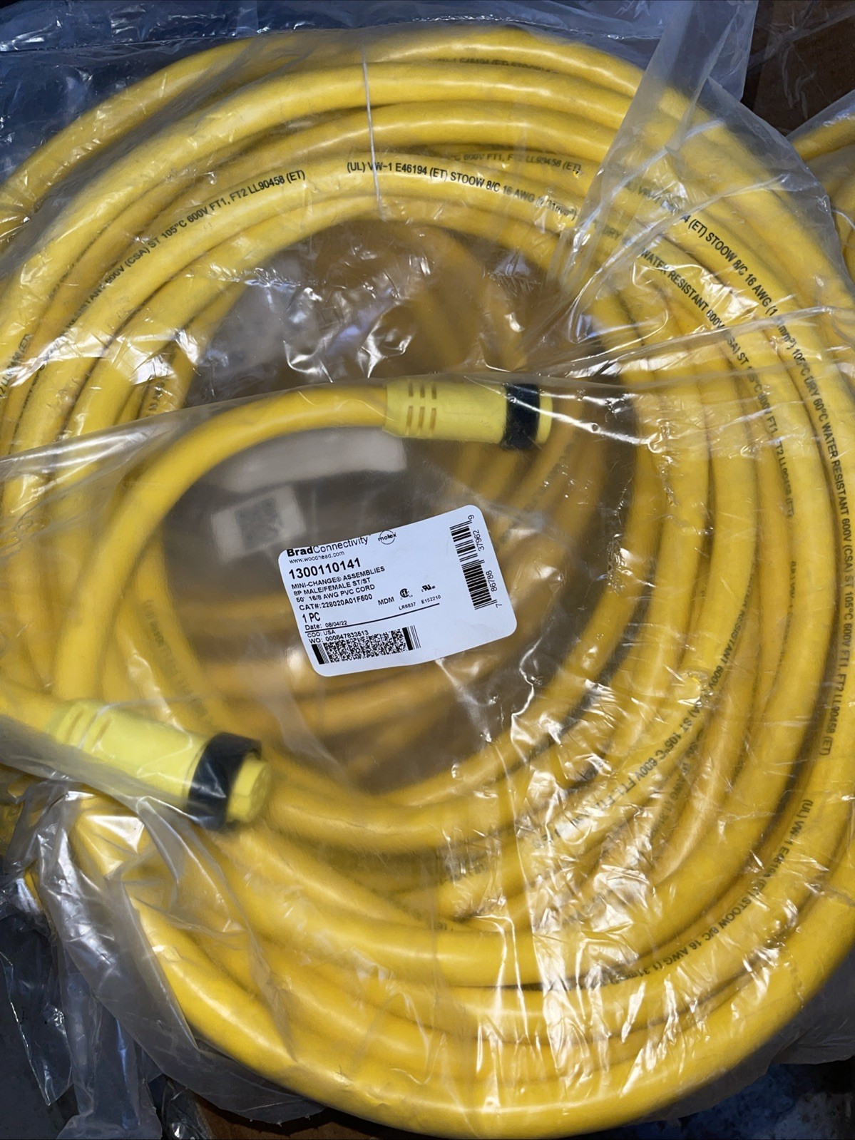 Brad Connectivity 1300110141Male/Female MDMFlex Cable 50” 16/8 AWG PVC CORD ST/