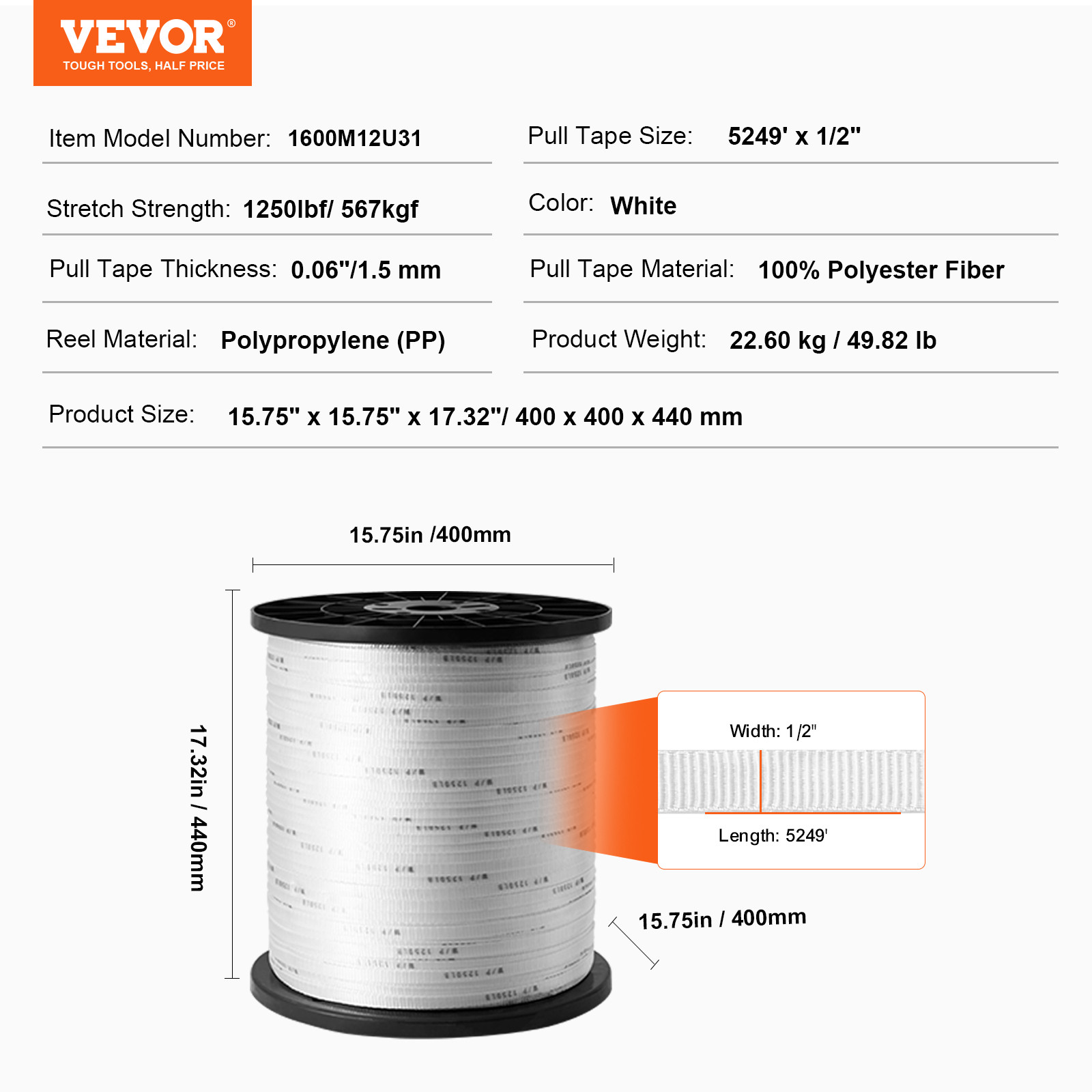 VEVOR Polyester Pulling Tape Mule Tape 1/2″ x 5249′ 1250 lbf Tensile Capacity