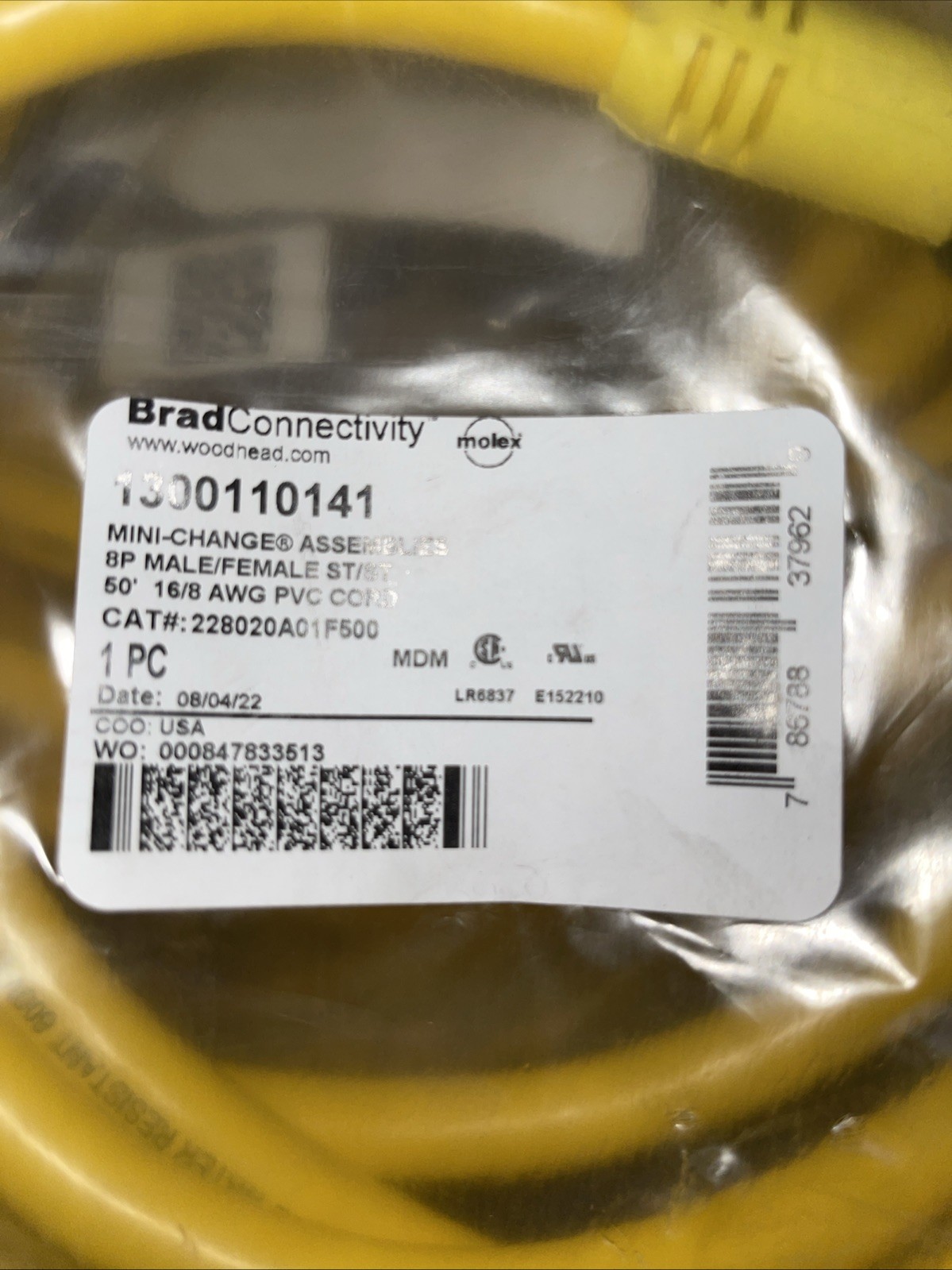 Brad Connectivity 1300110141Male/Female MDMFlex Cable 50” 16/8 AWG PVC CORD ST/