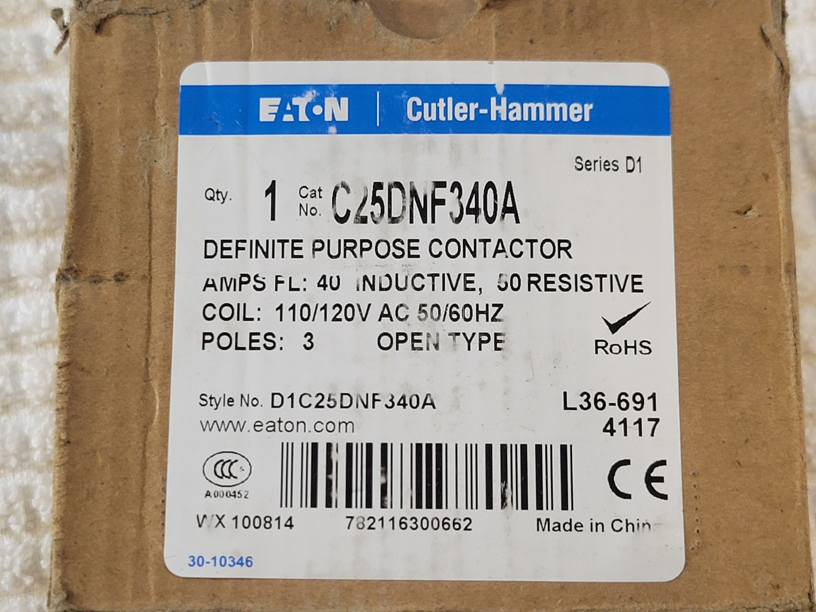 Eaton C25DNF340A 600V 40/60A Contactor New in Box style D125DNF340A Series D1