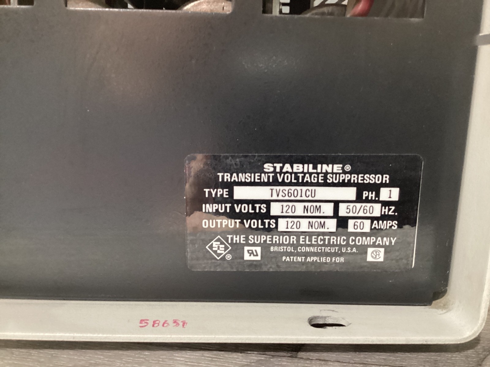 SUPERIOR ELECTRIC STABILINE TVS601CU TRANSIENT VOLTAGE SUPPRESSOR #106D117PR5*SI