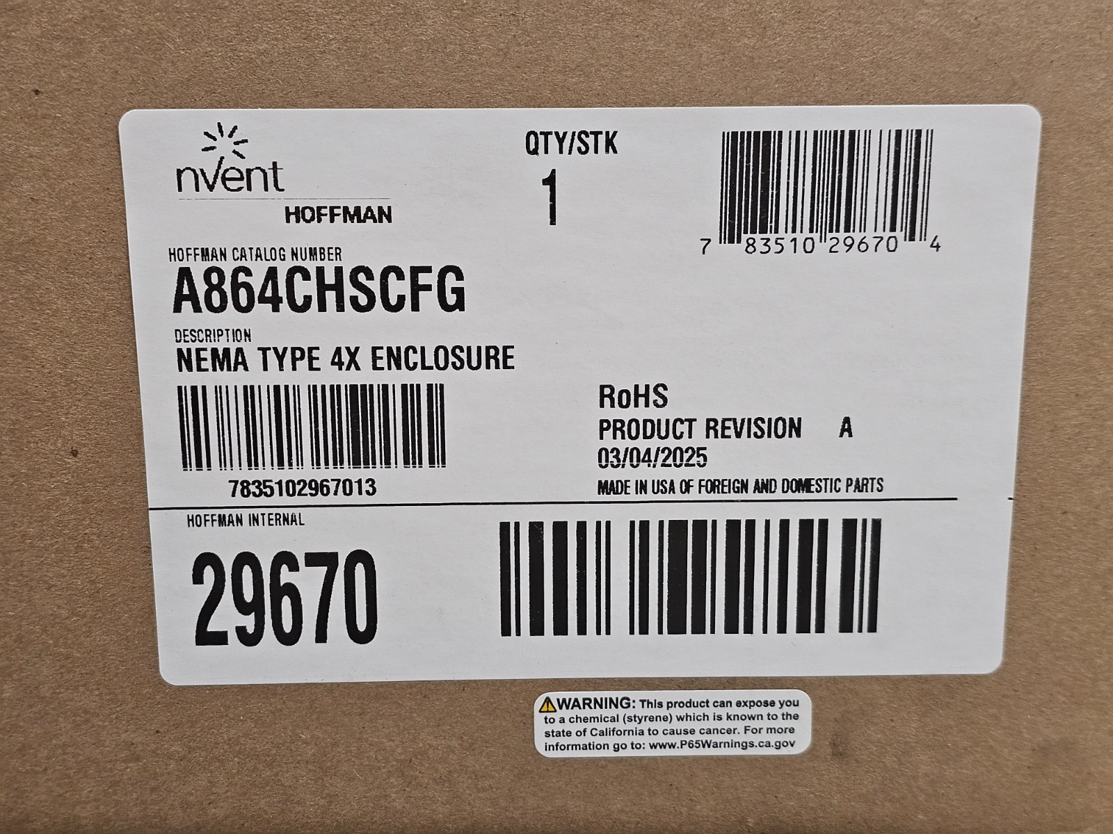 nVent HOFFMAN A864CHSCFG 8x6x4 Enclosure, Junction Box, Fiberglass, Light Gray