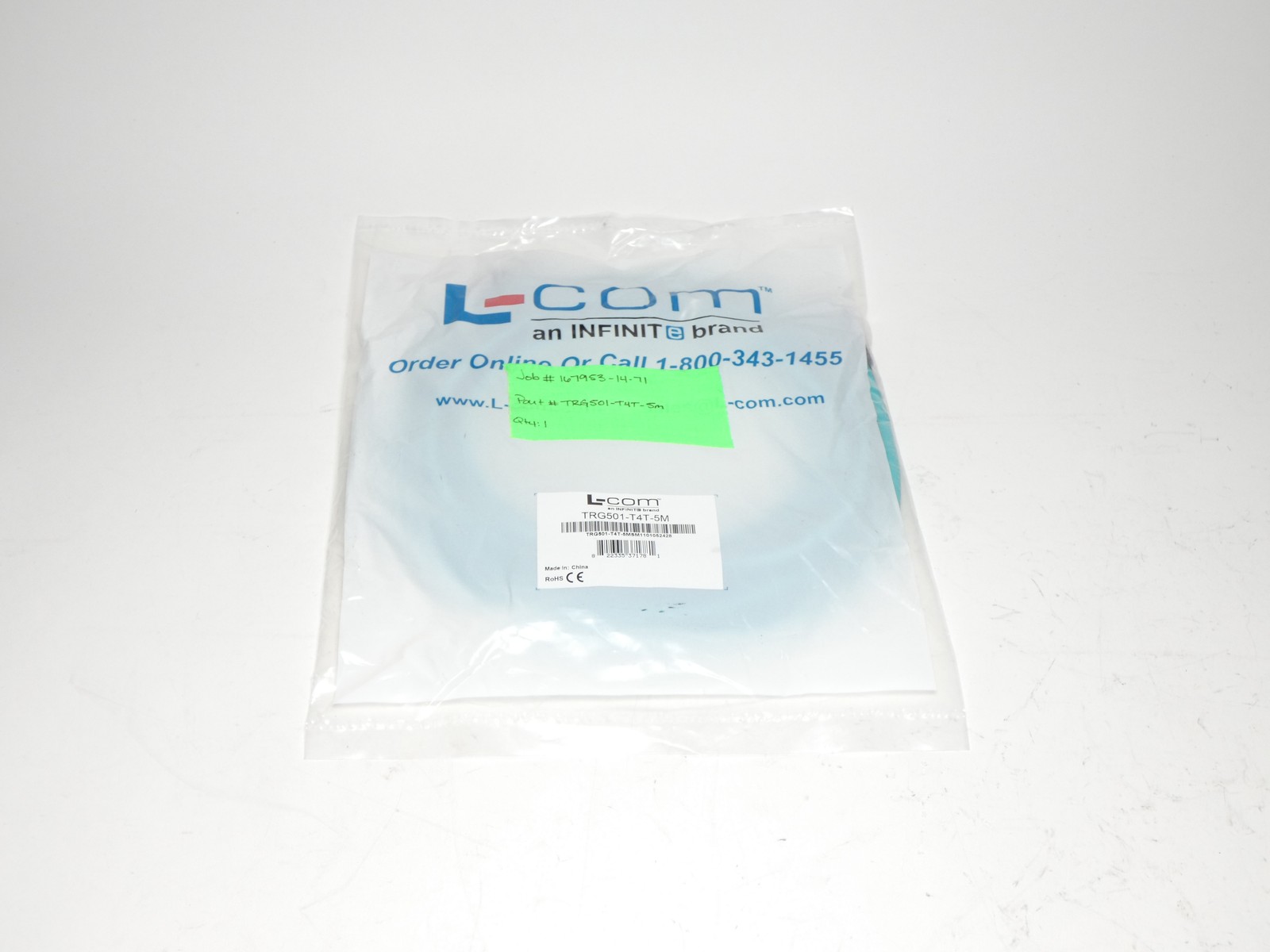 L-Com TRG501-T4T-5M Cat5e M12 Ethernet Patch Cable 5M – NEW Surplus!