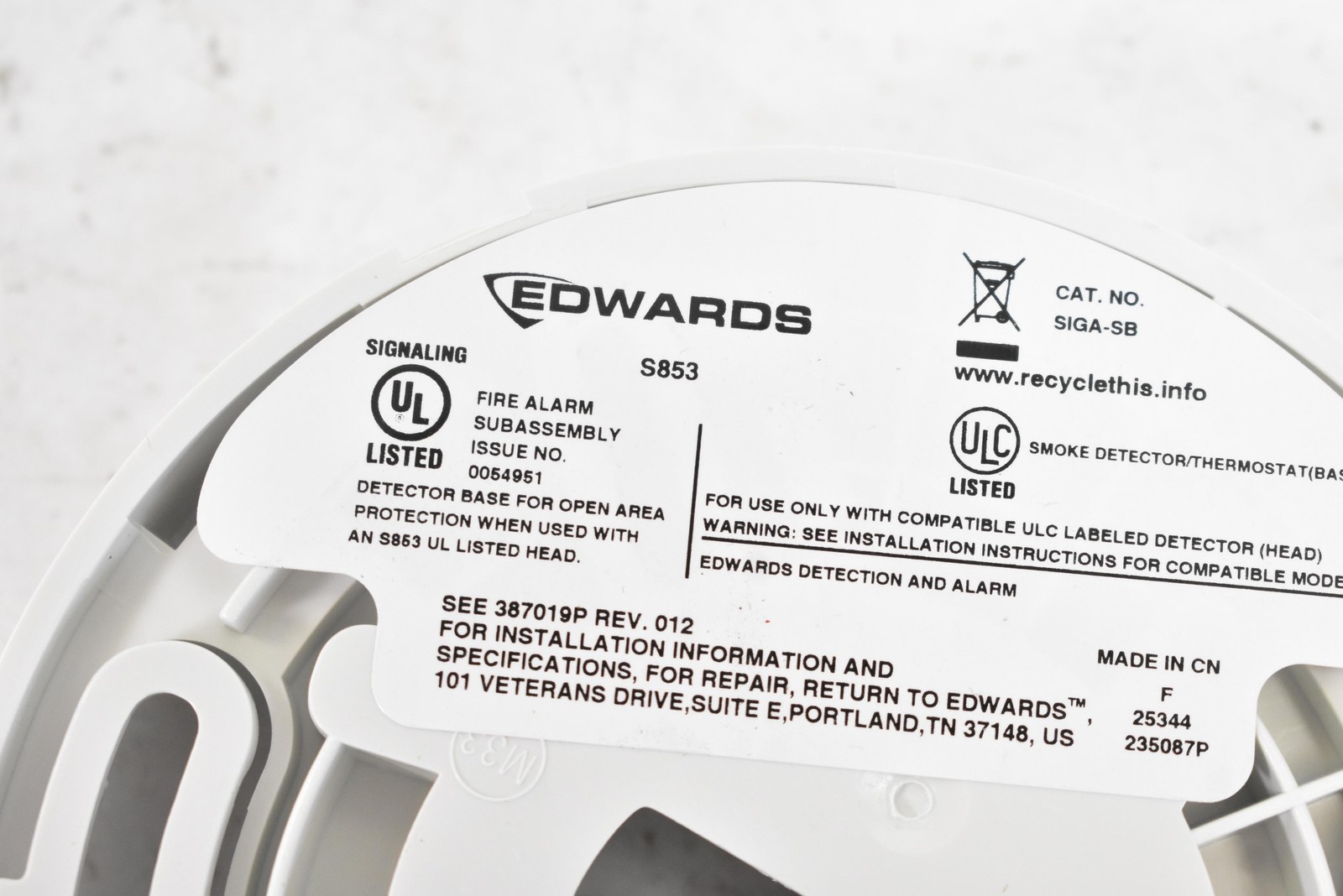 Edwards S853 SIGA-SB Circuit Board Smoke Detector Base White Made In China