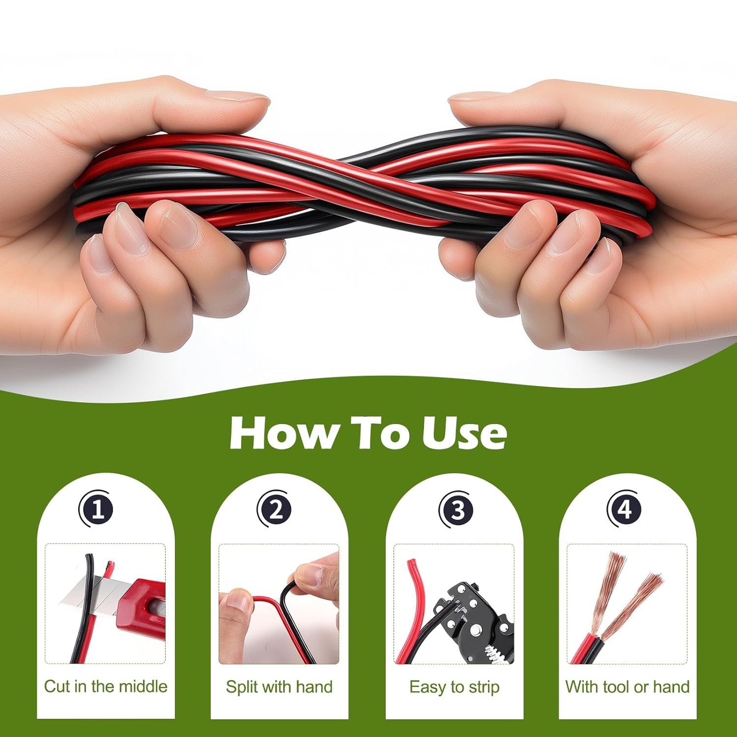 100FT 12/2 Gauge 2pin 2 Color Red Black Cable Hookup Electrical Wire LED Stri…