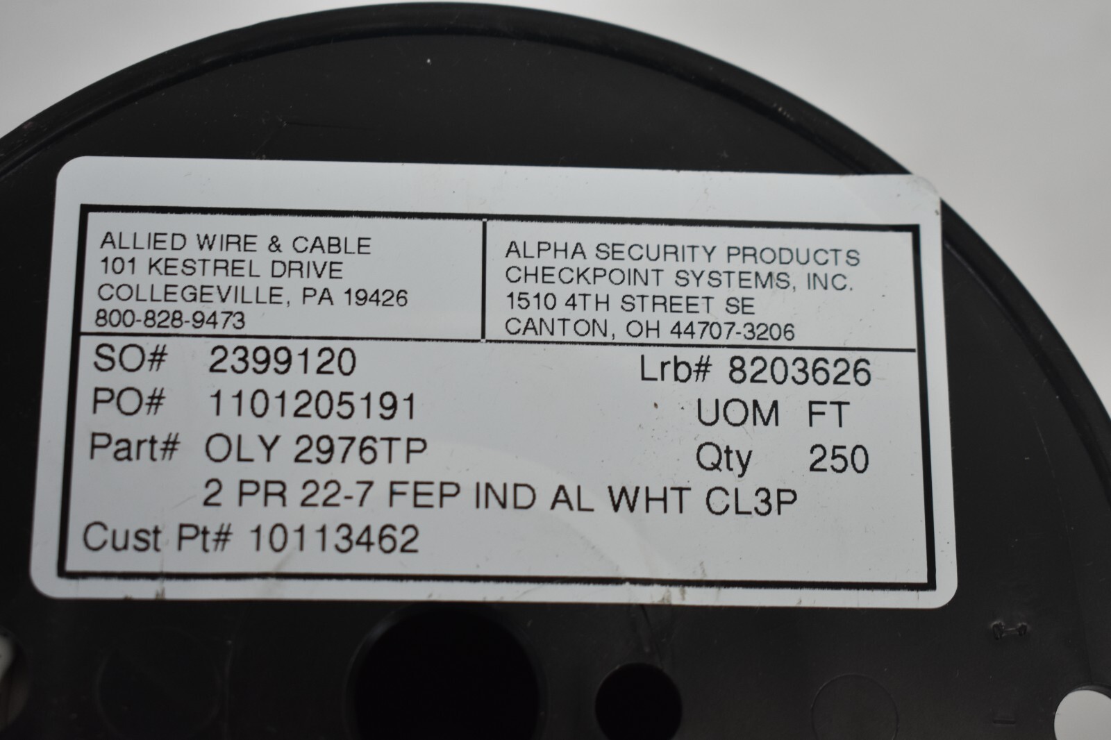 Allied Wire & Cable 250′ Wire Spool 22-7 FEP White Aluminum FEP IND OLY 2976TP