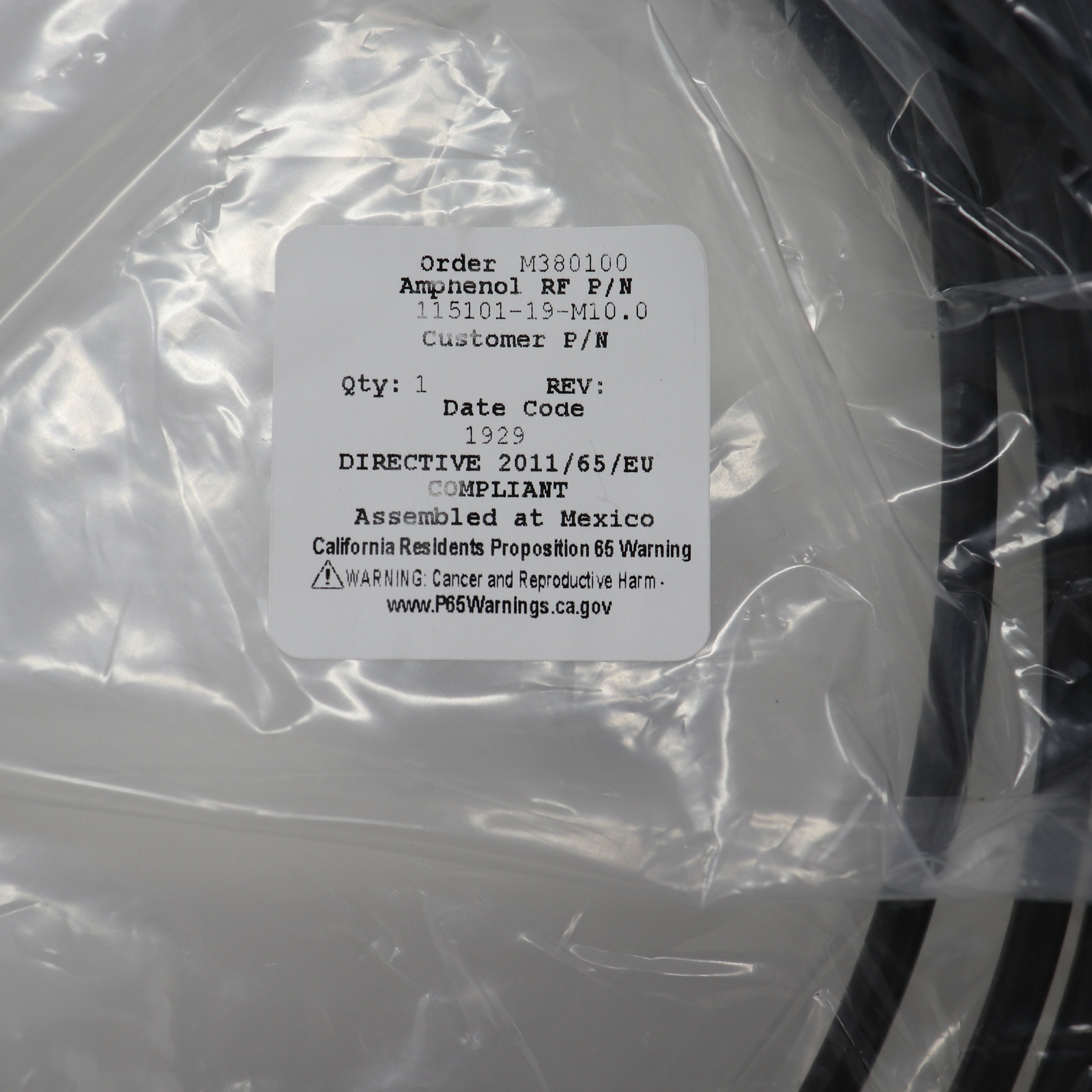 Amphenol RF 10m Male BNC Connector RG-58 Coaxial RF Cable 115101-19-M10.0