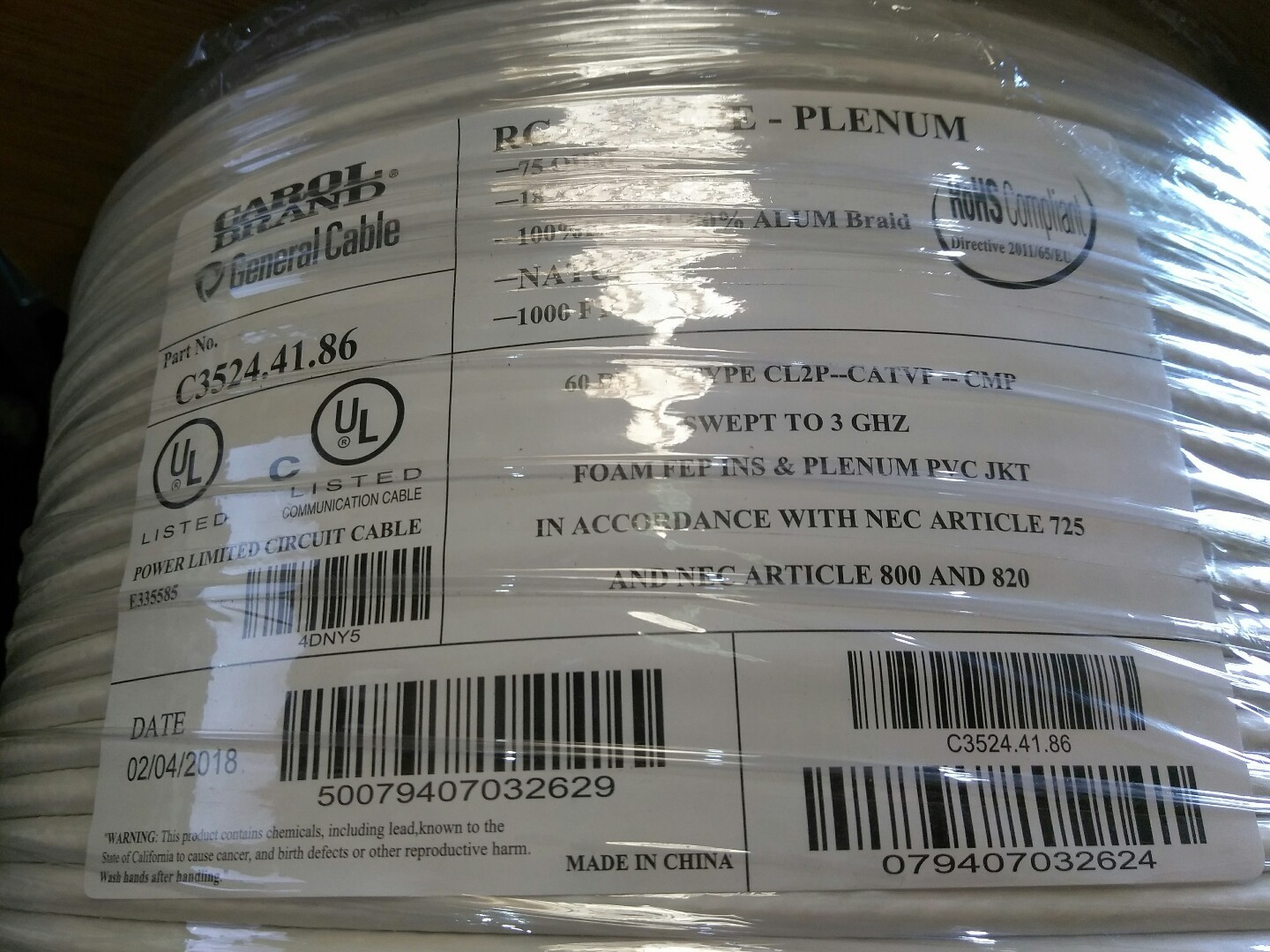 Coaxial Cable, 1000 ft. Length, 18 AWG Conductor Size, Natural, PVC Jacket Mater