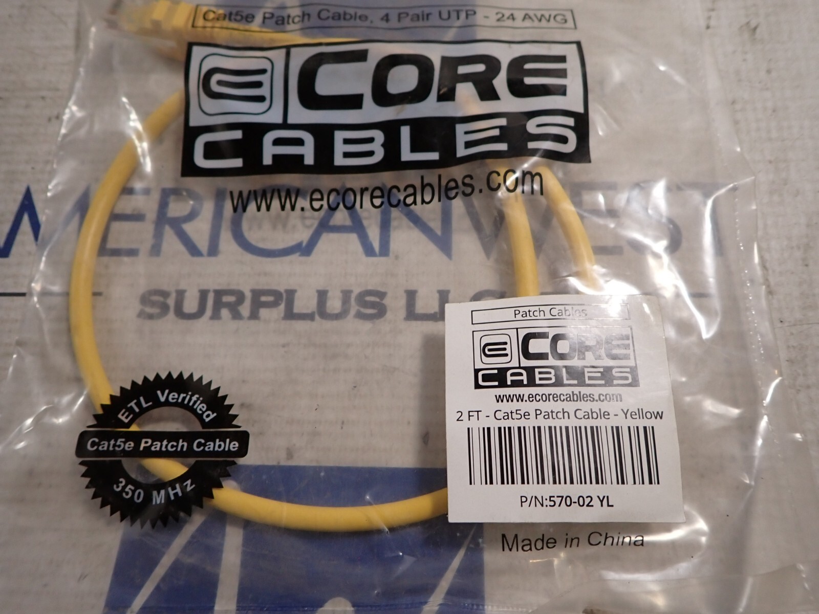 New Core Cables 570-02 YL 2 FT Cat5e Ethernet Patch Cable 4 Pair UTP 24 AWG