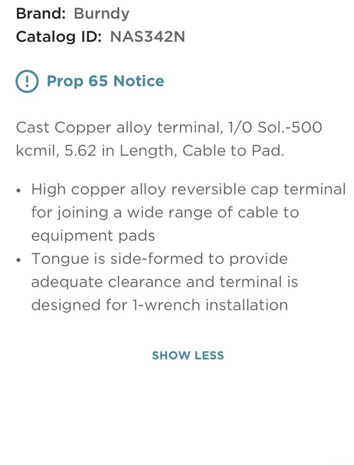 BURNDY NAS34-2N / NAS292N 1/0 sol-500 kcmil 2-Hole Substation Cu Cable to Pad