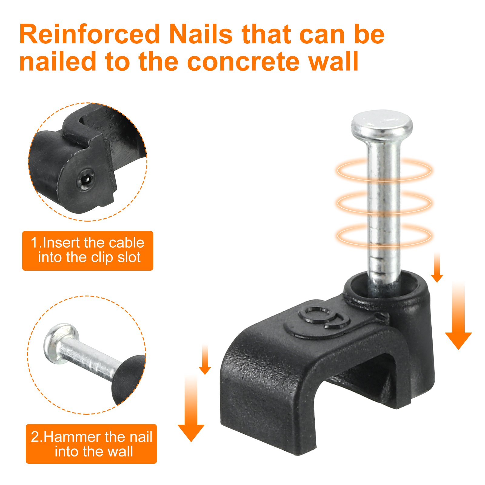 Cable Clips with Steel Nail, 100Pcs 6mm/0.24″ Plastic Cable Wire Clips, Black