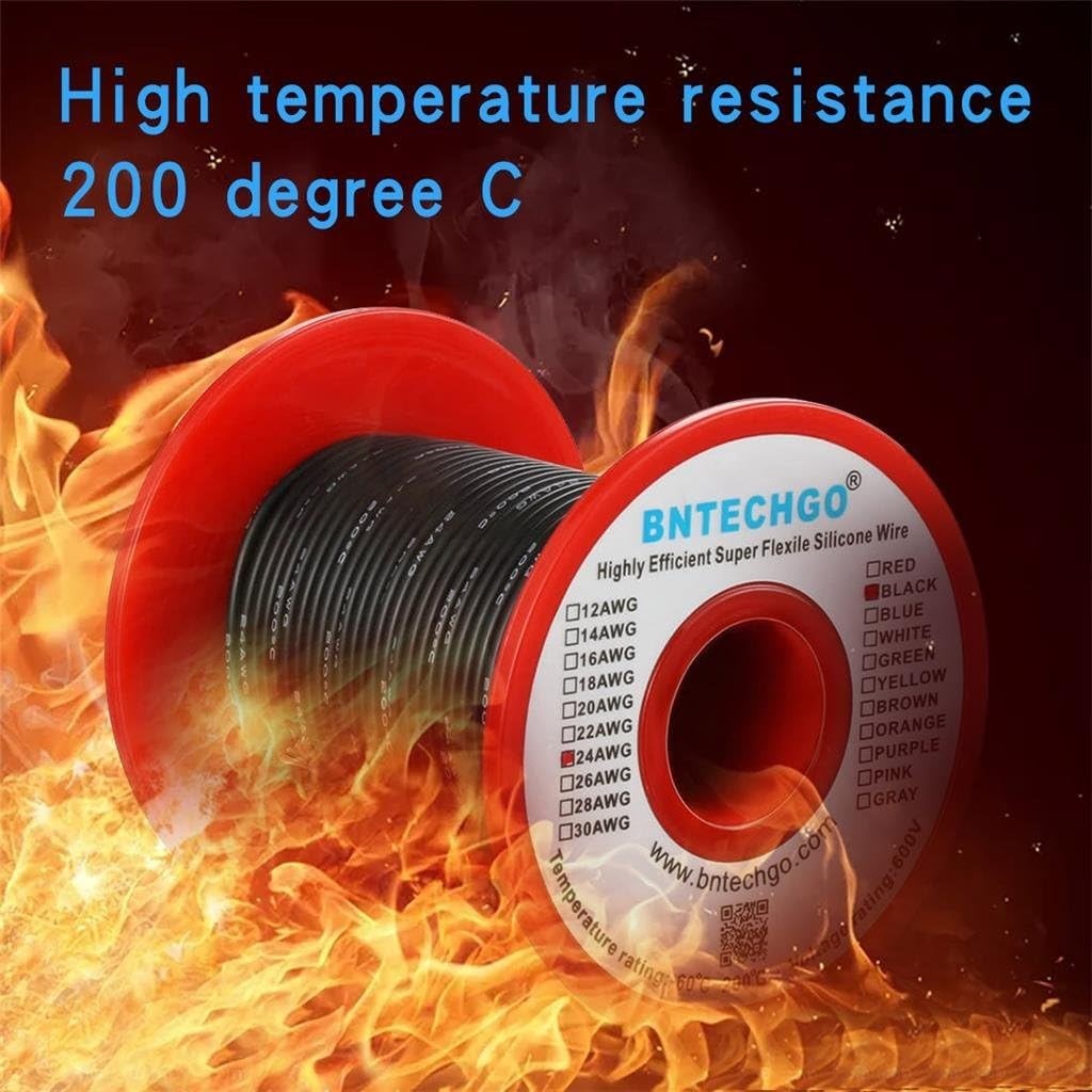 24 Gauge Silicone Wire Spool 100 ft Black Flexible 24 AWG Stranded Tinned Cop…