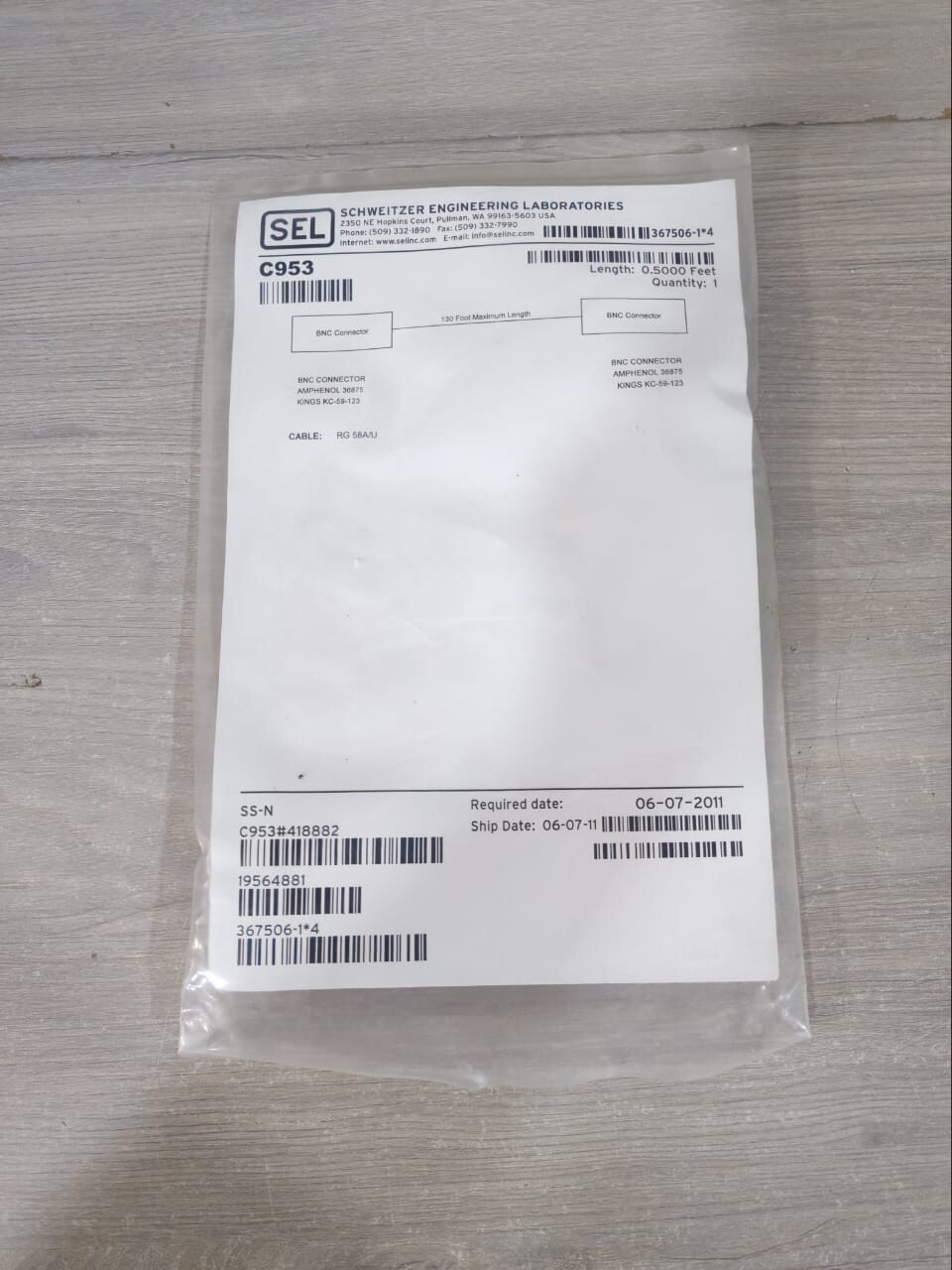 LOT 2 PCS SEL C953 BNC CONNECTOR RG 58A/U 0.5000 FEET