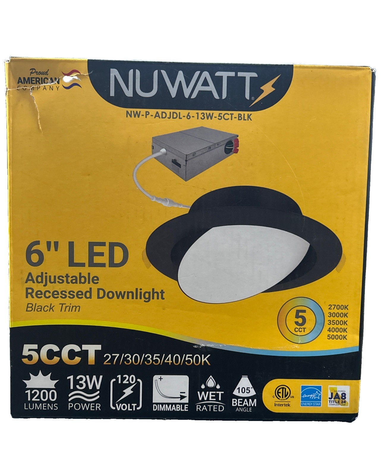 4pck NUWATT 6” LED BLACK ADJUSTABLE CNLESS DOWNLIGHT # NW-P-ADJDL-6-13W-5CT-BLK