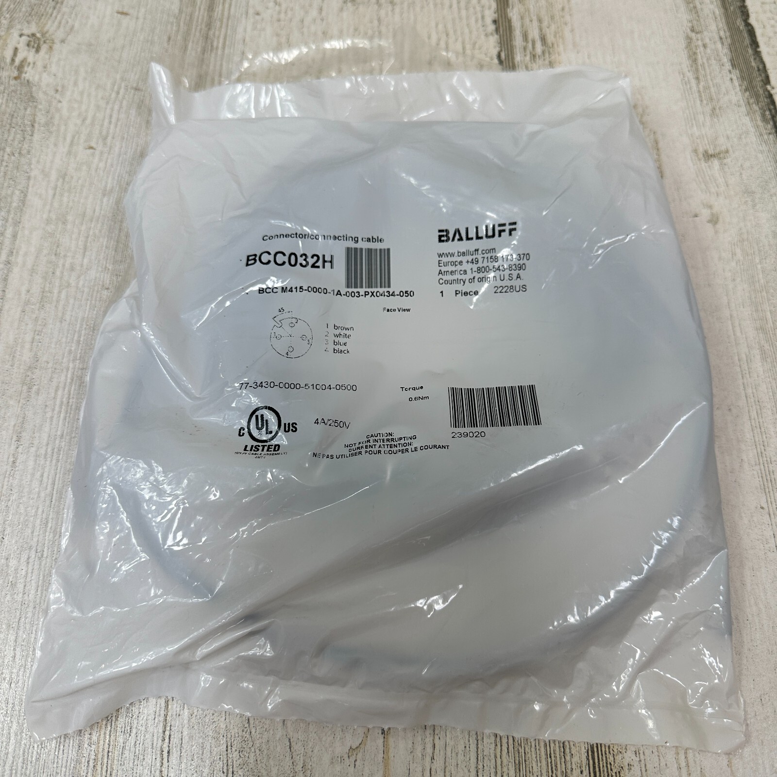 Balluff BCC M415-0000-1A-003-PX0434-050 CABLE, 4 WIRE 22AWG, 5M, BCC032H