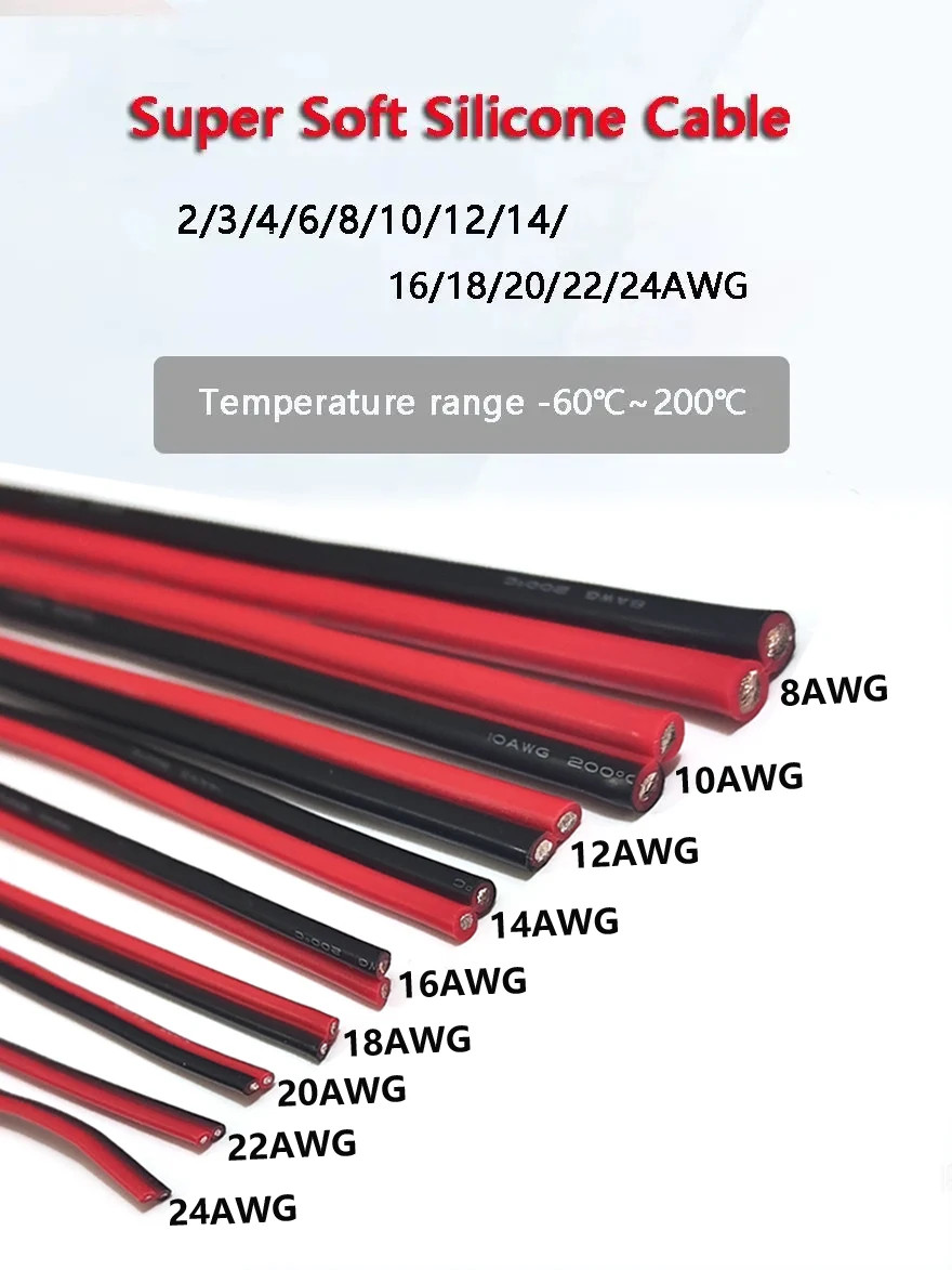 Super Soft Silicone Wire 2Pin Red Black 8-28AWG High Temp Tinned Copper Cable